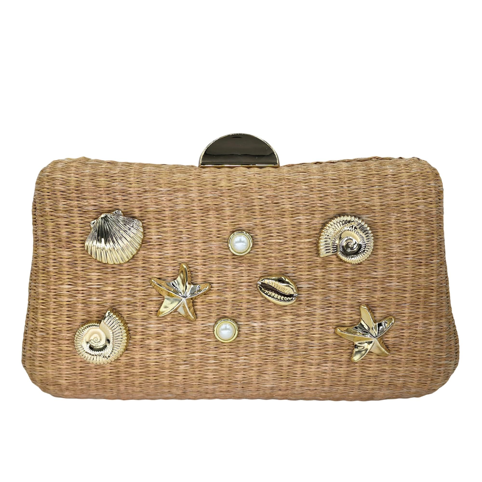 Boutique De FGG Pochette in paglia intrecciata con accenti di conchiglie, borsa da sera da spiaggia bohémien, borsa da donna leggera per feste estive