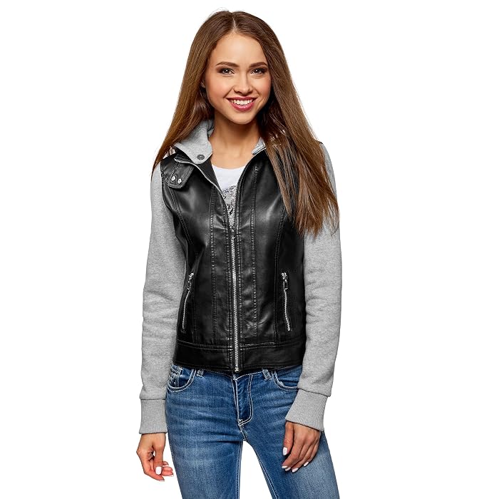 Faux Leather Jacket with Jersey Sleeves 