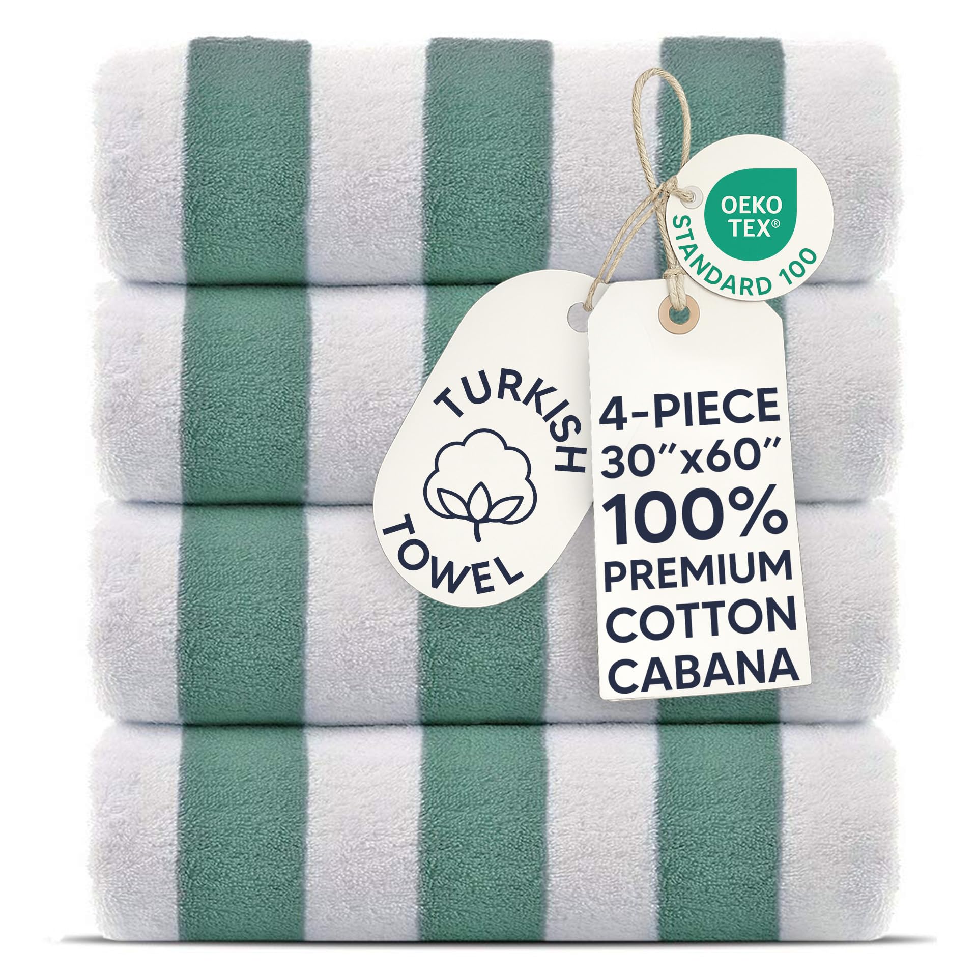 Chakir Turkish Linens Najwyższej jakości 100% bawełna turecka Cabana grube paski ręczniki plażowe do basenu 4-pak (morska zieleń, 76 x 152 cm)