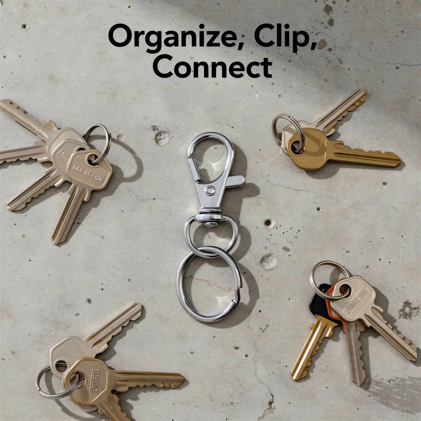 100 STK. Karabinerhaken mit Drehgelenk und Schlüsselringen, 50 Clips 3,3 x 1 cm und 50 Flache Ringe 2,5 cm für Schlüsselbänder, DIY-Schmuck, Ausweishalter, Taschenzubehör, Zinklegierung, Silber