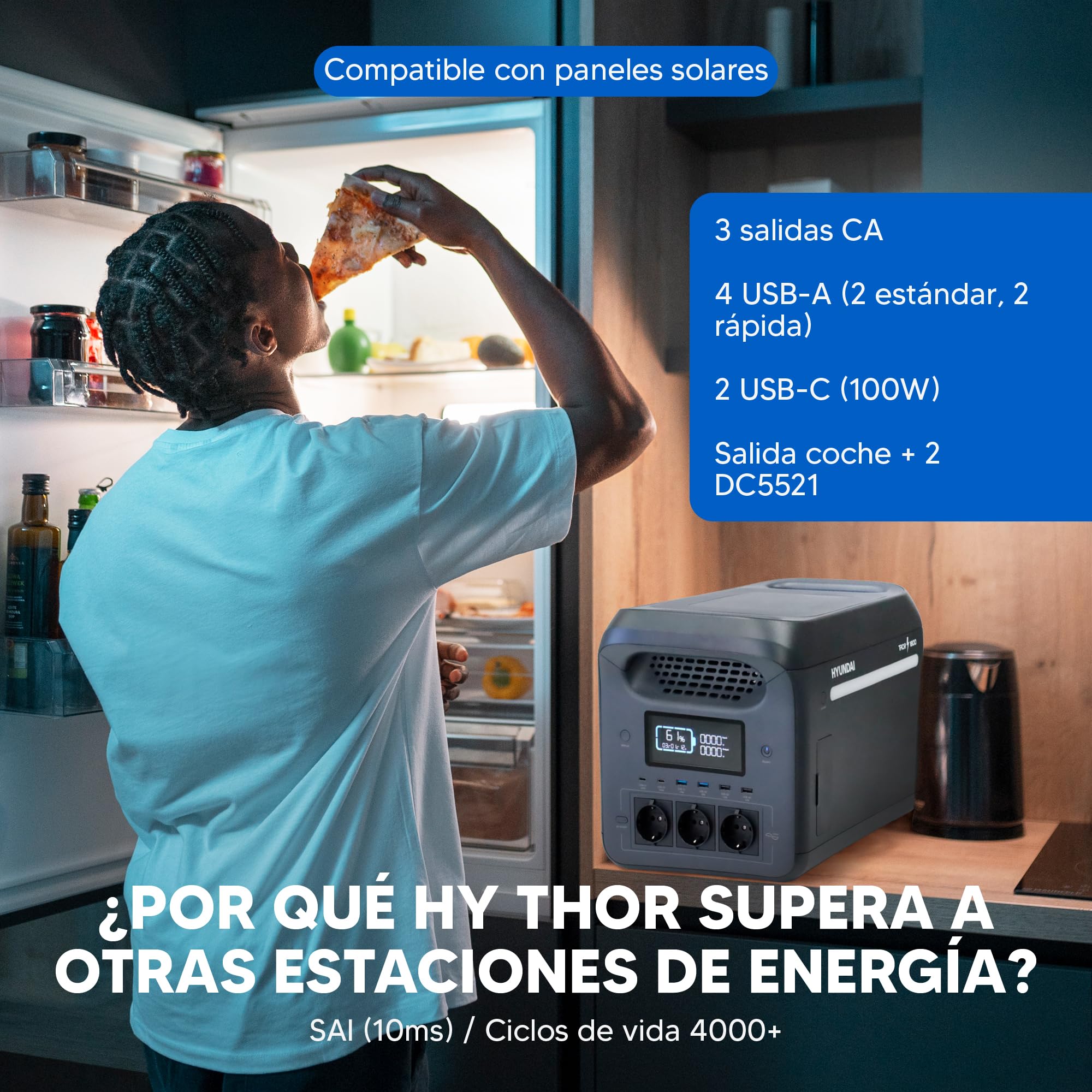 HYUNDAI Station d'énergie portable 3000 W avec charge rapide 1,7 h - Power Station avec application et batterie extensible - Générateur solaire avec onduleur pour urgences - Batterie LiFePO4