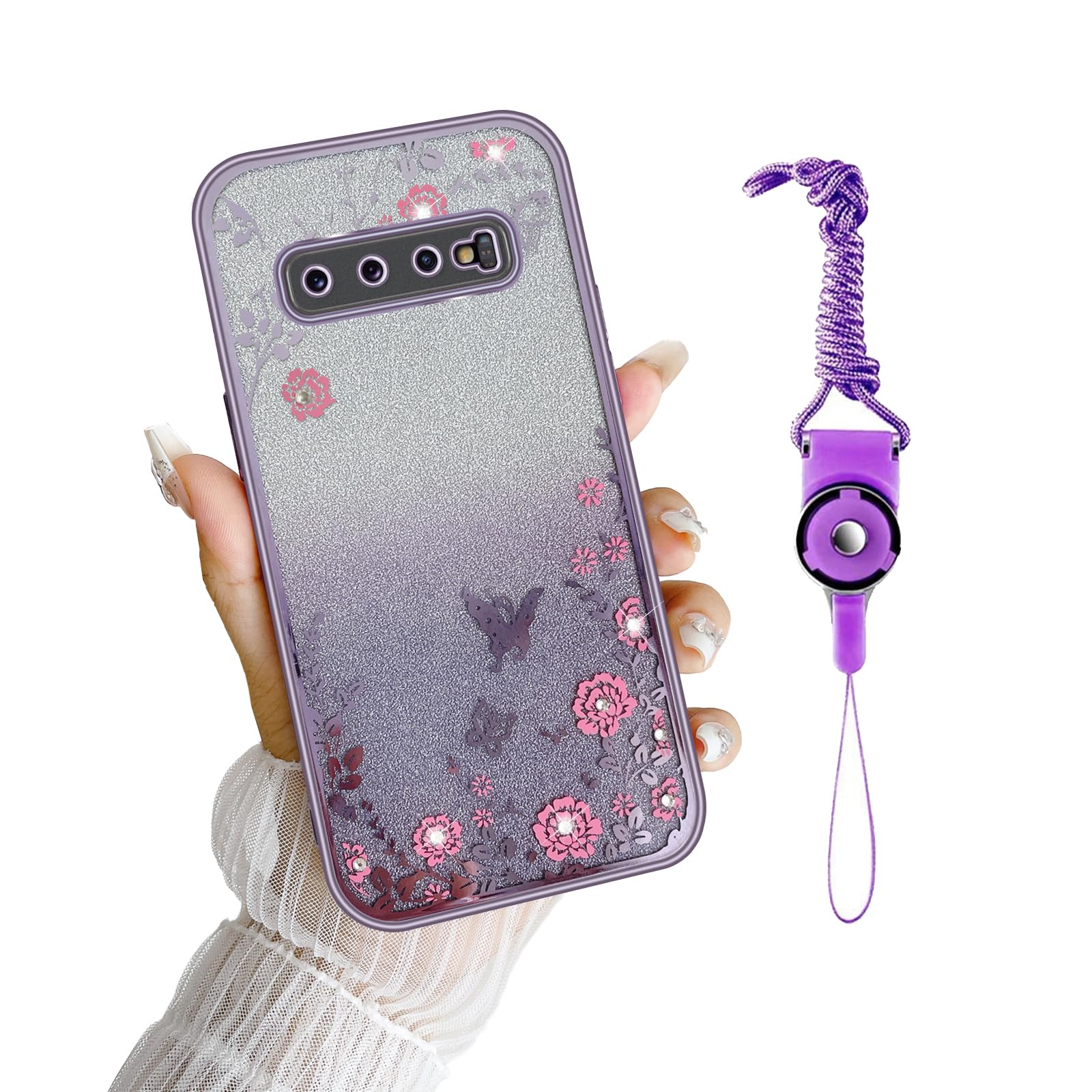 for S10 Plus Case, Galaxy S10 Plus Case for Women Gradual Change Glitter Crystal Soft TPU Butterfly Floral Heart Clear Protective Cover with Strap for Samsung Galaxy S10 Plus 2019 (Purple)