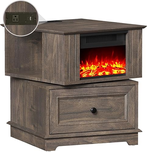 Miniatura 5 de Mesa auxiliar giratoria con pantallas de chimenea eléctrica de 13 pulgadas, mesa auxiliar con estación de carga rápida, mesa auxiliar de chimenea de