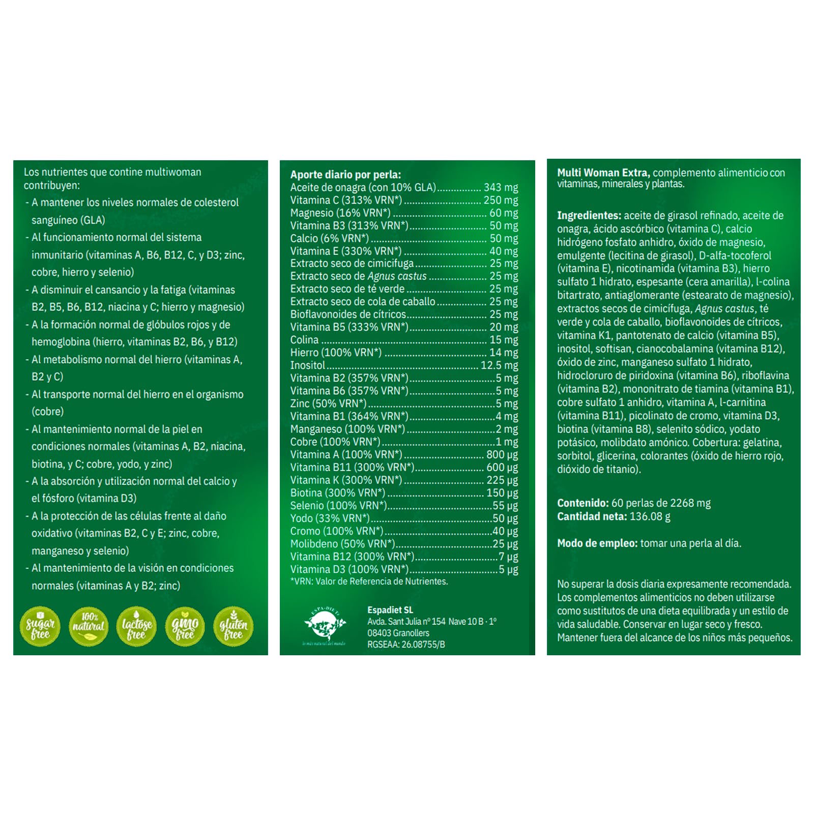 Espadiet Multi Woman Extra – Con Vitaminas, Minerales y Plantas Específicas para la Salud Femenina – Multivitamínico para Mujeres – Salud Hormonal, inmune, Cabello, Piel y Uñas – Energía – 60 Perlas