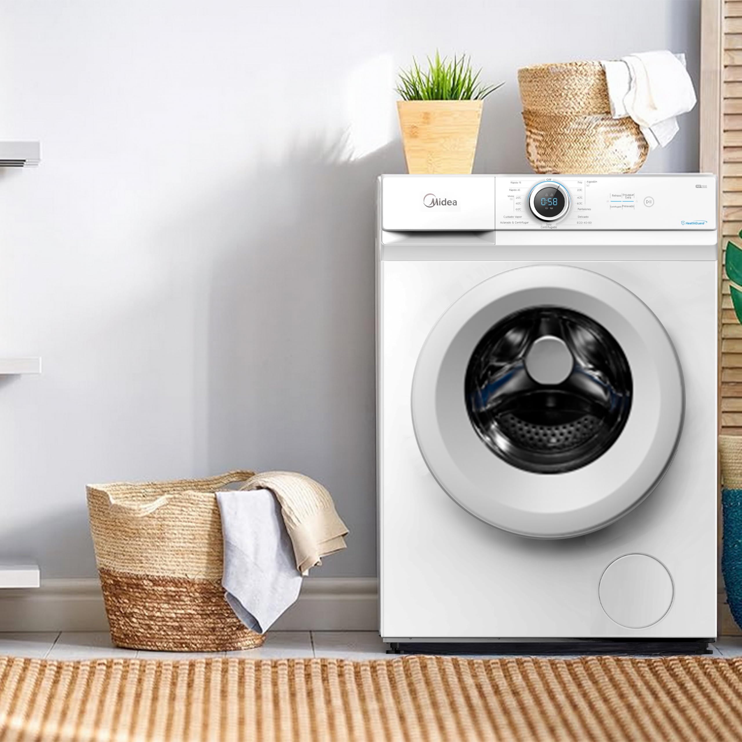 Midea Lavadora Carga Frontal 8kg de 1400 rpm y panel digital - Lavadoras con 15 Programas + Diseño Superior Ultra Slim - Maquina de Lavado de Libre Instalación - Función de Vapor y Modo Eco