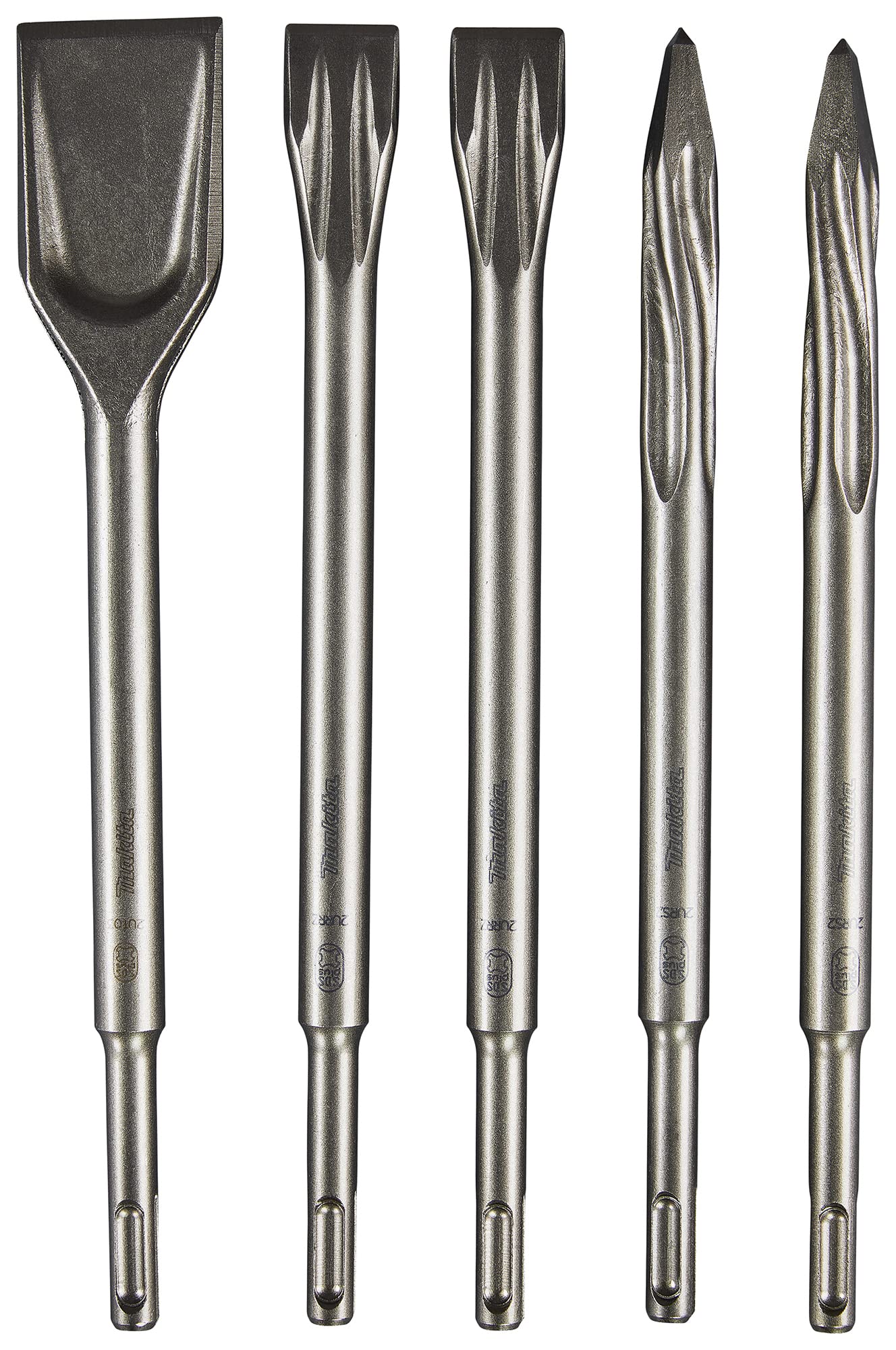 Makita E-13188 SDS-PLUS Meißel-Set 5-teilig, 2x Spitzmeißel, 2x Flachmeißel, 1x Breitmeißel, Longlife, selbstschärfend