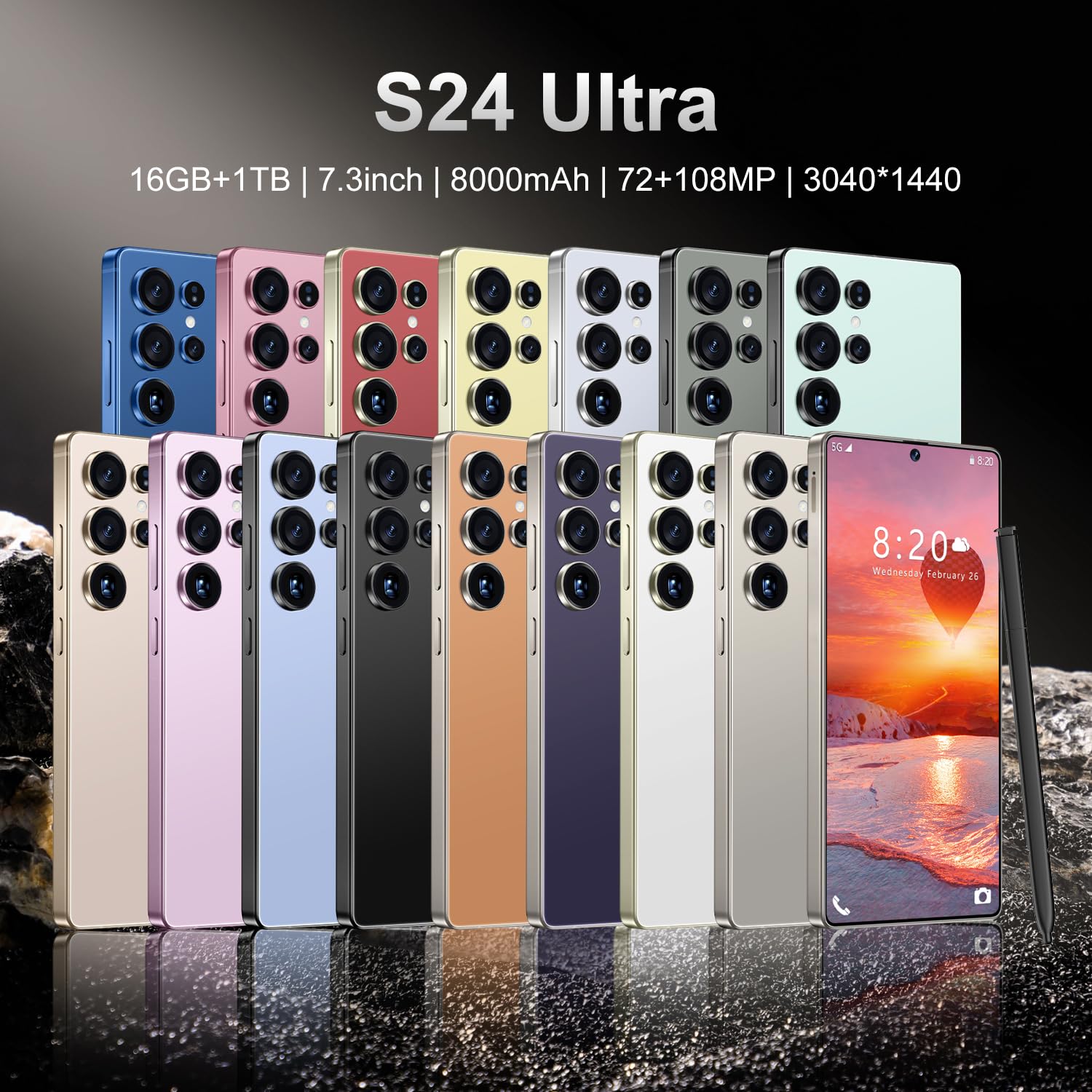 Teléfono Móvil Económico S24 Ultra, Pantalla HD De 7,3 Pulgadas, 16GB RAM 1TB ROM, Batería Grande De 8000mAh, Cámara Dual SIM De 72MP 108MP, Android 14.0, Compatible Con Wi-Fi Face ID,Rose Glod-7.3 In
