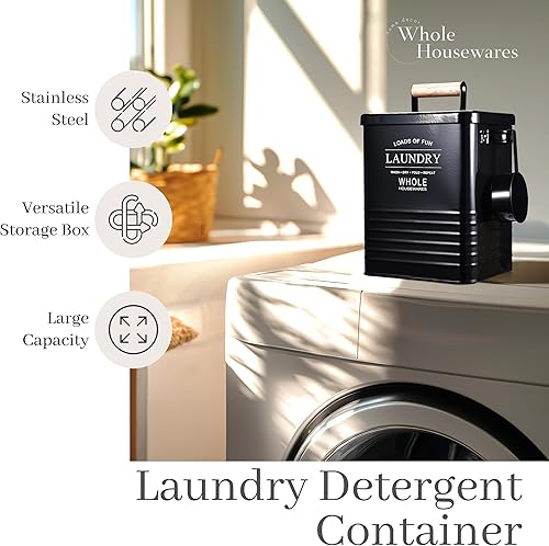 Miniatura 4 de Whole Housewares Contenedor de detergente para ropa  Dispensador de jabón en polvo de lavandería de metal con cucharón, tapa hermética y asas,