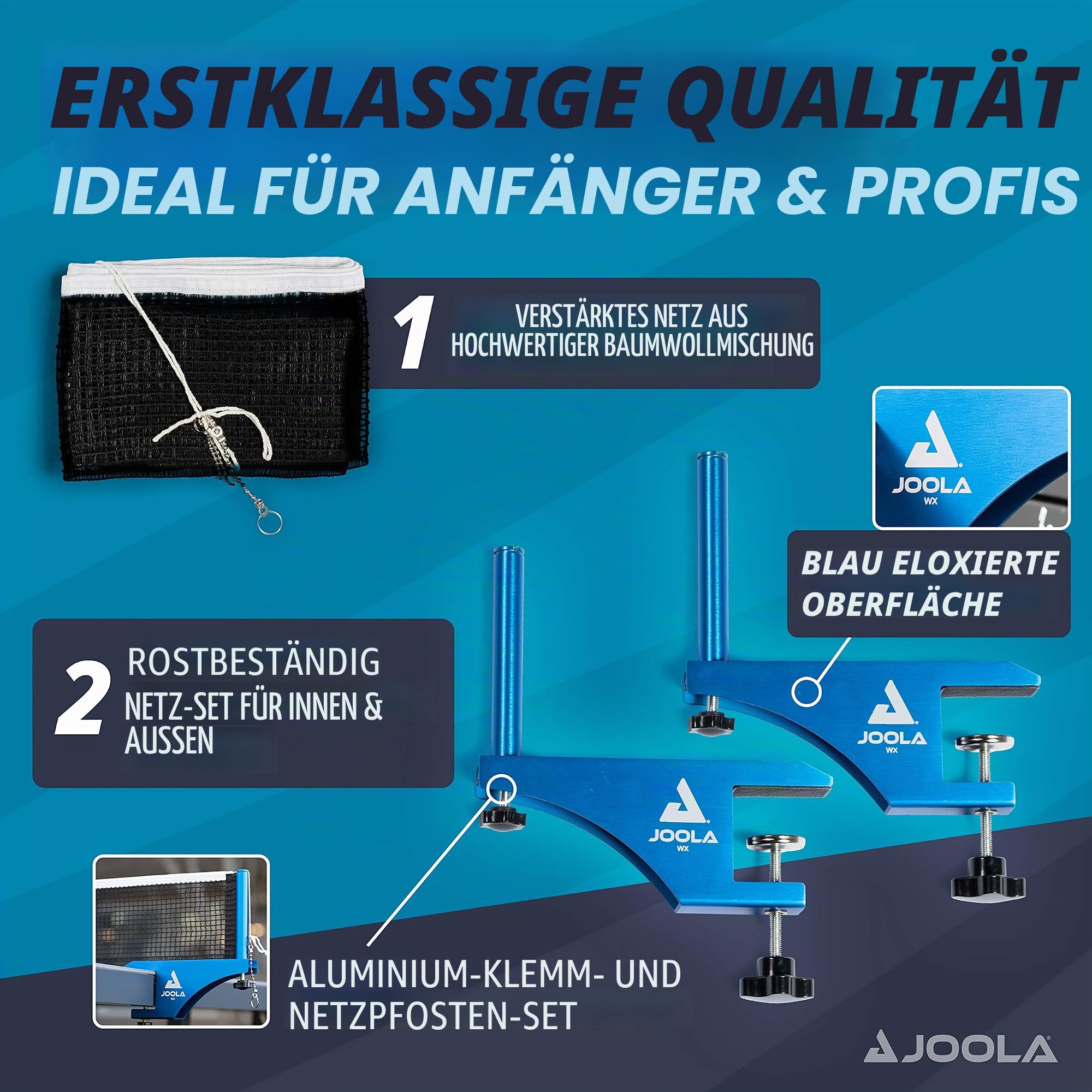 JOOLA Tischtennisnetz WX Aluminium Tischtennisnetz-Garnitur für Indoor/Outdoor Tischtennisplatten | Verstärkter Baumwollgarn mit Höhenverstellschraube Blau eloxiert 183 cm x 15,25 cm