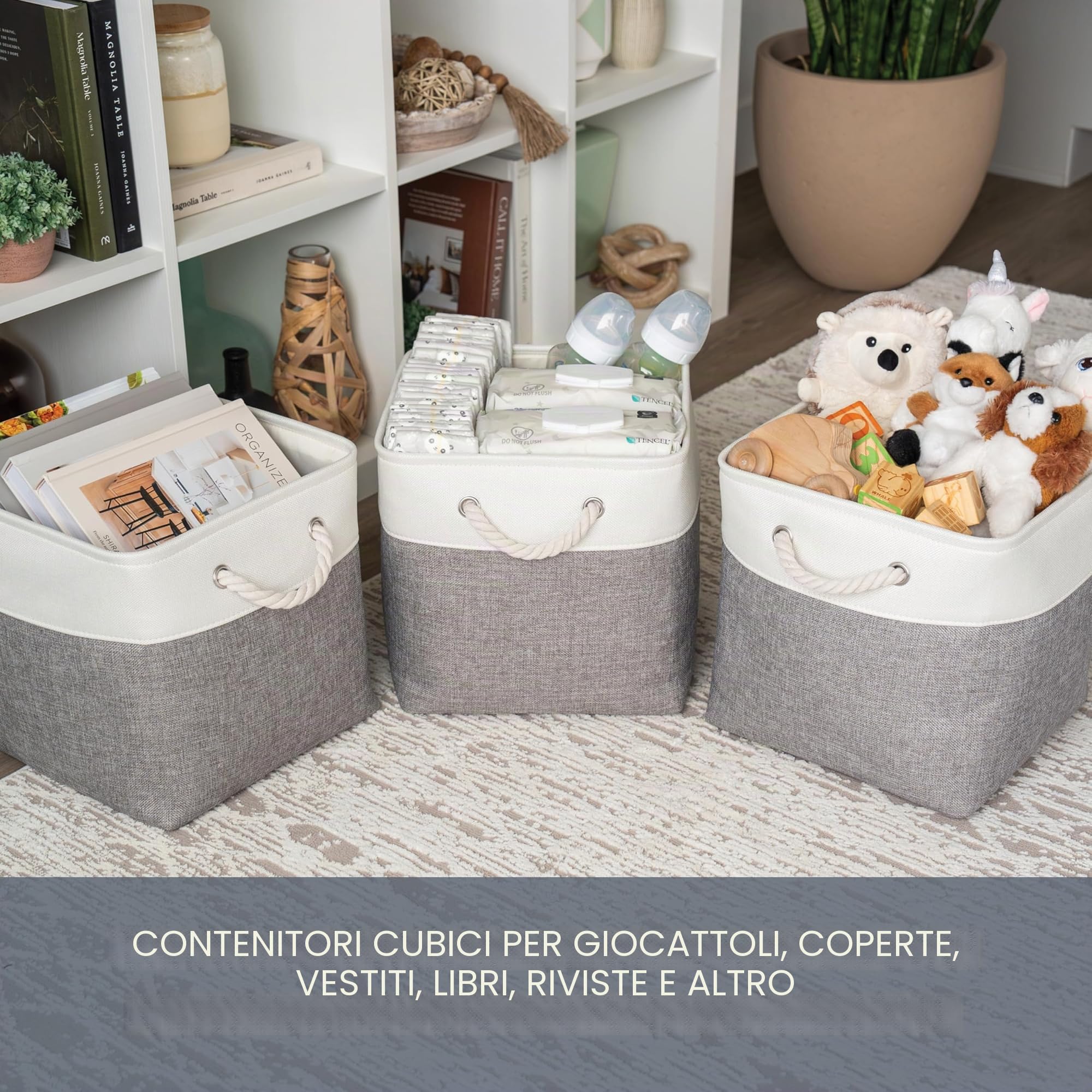 OrganiHaus Set di 3 Cubi Scatole Portaoggetti 28x28, Cestini Portaoggetti in Tessuto con Manici in Corda, Cubi Portaoggetti Pieghevoli per Libreria Kallax, Cestino per la Cameretta. Grigio/Bianco