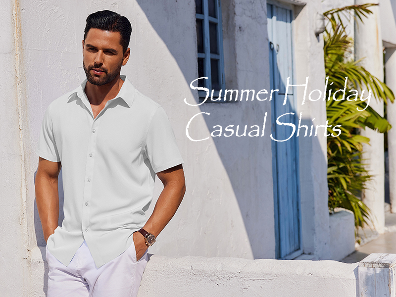 COOFANDY Camicia da uomo a maniche corte per il tempo libero con tasca, Textured casual, vestibilità normale, motivo a spina di pesce, camicia estiva elastica, Azzurro, S