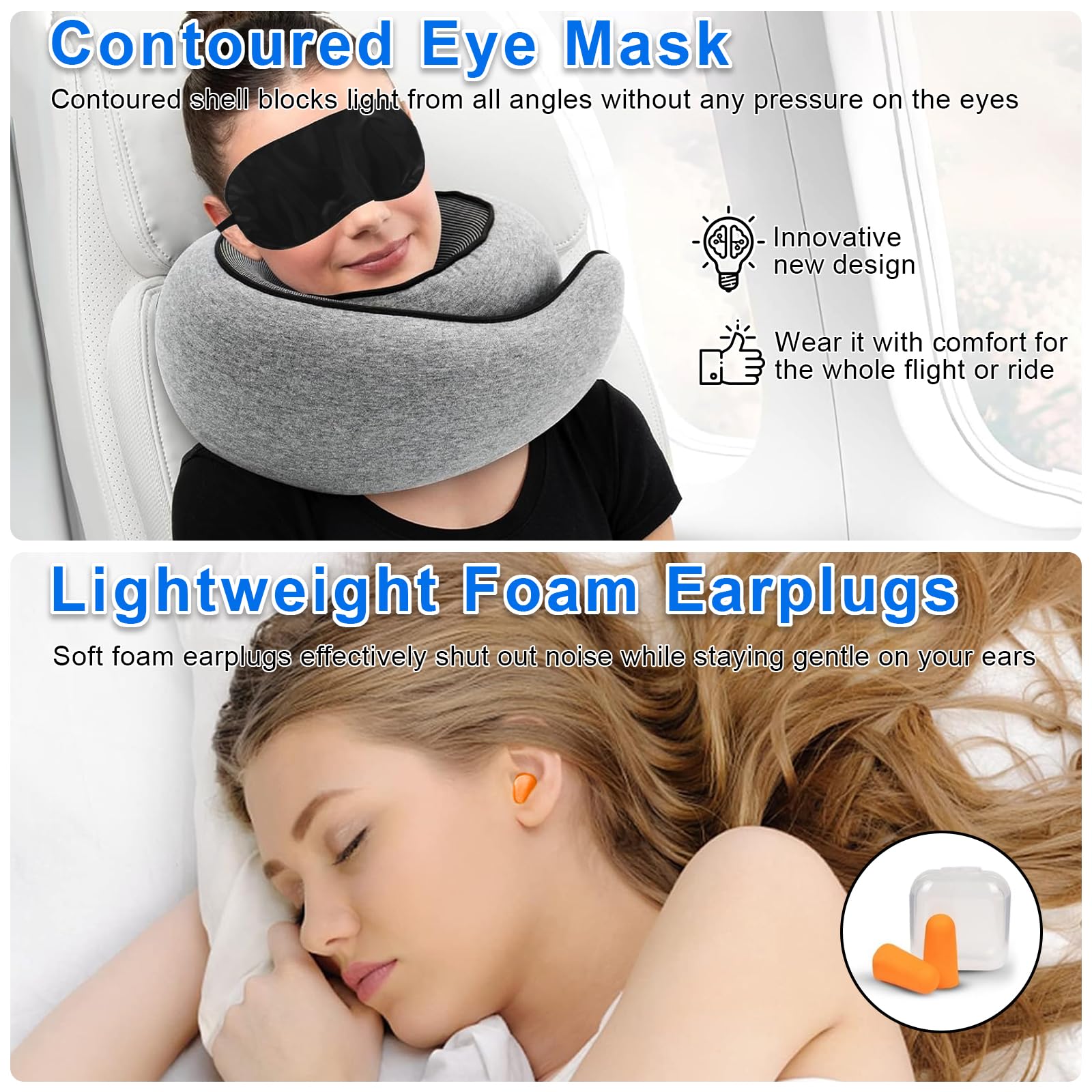 Oreiller De Voyage Mémoire De Forme - 360° Support - Avec Masque Et Bouchons - Gris