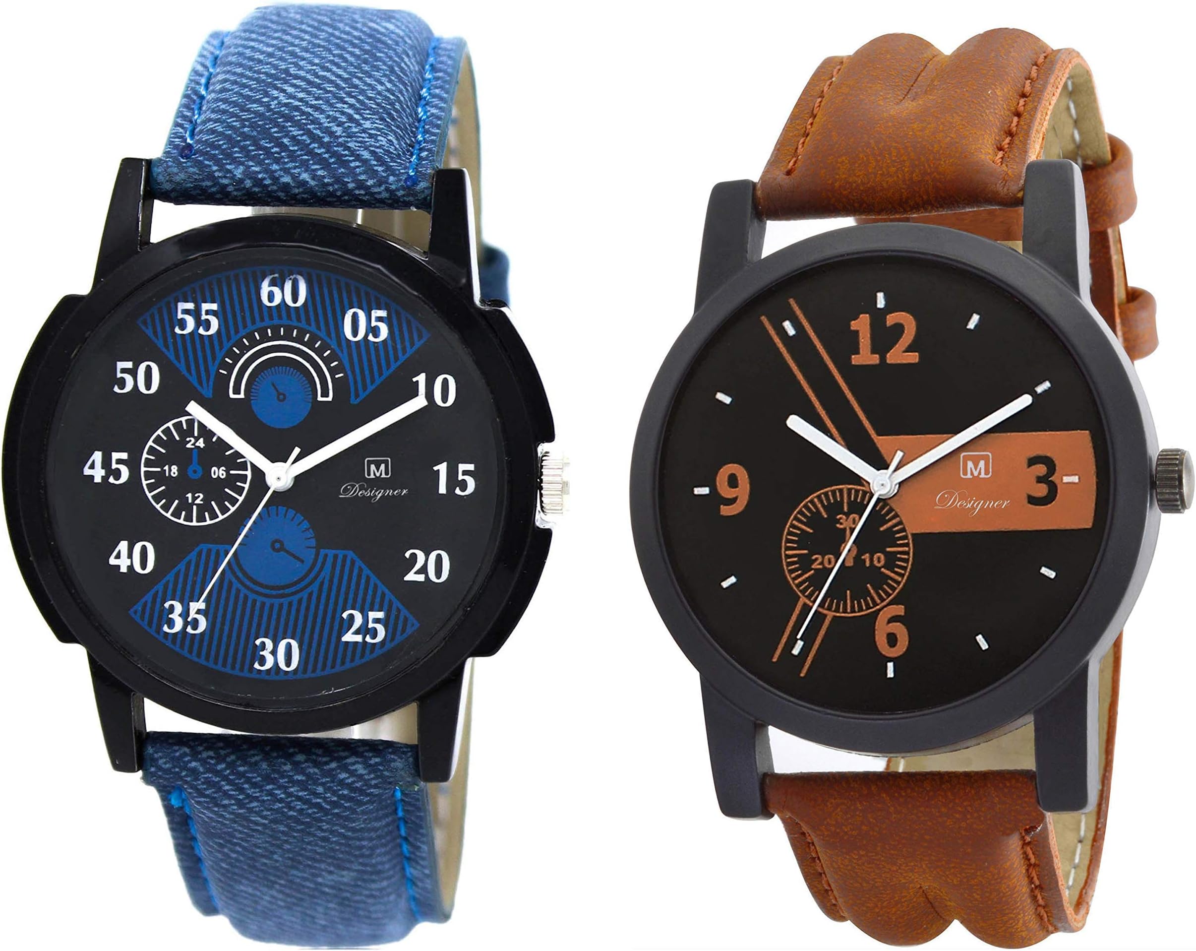 OM DESIGNER Den-234 Analogue Men's Watch (Multicolored Dial Blue & Brown Colored Strap) (Pack of 2)
