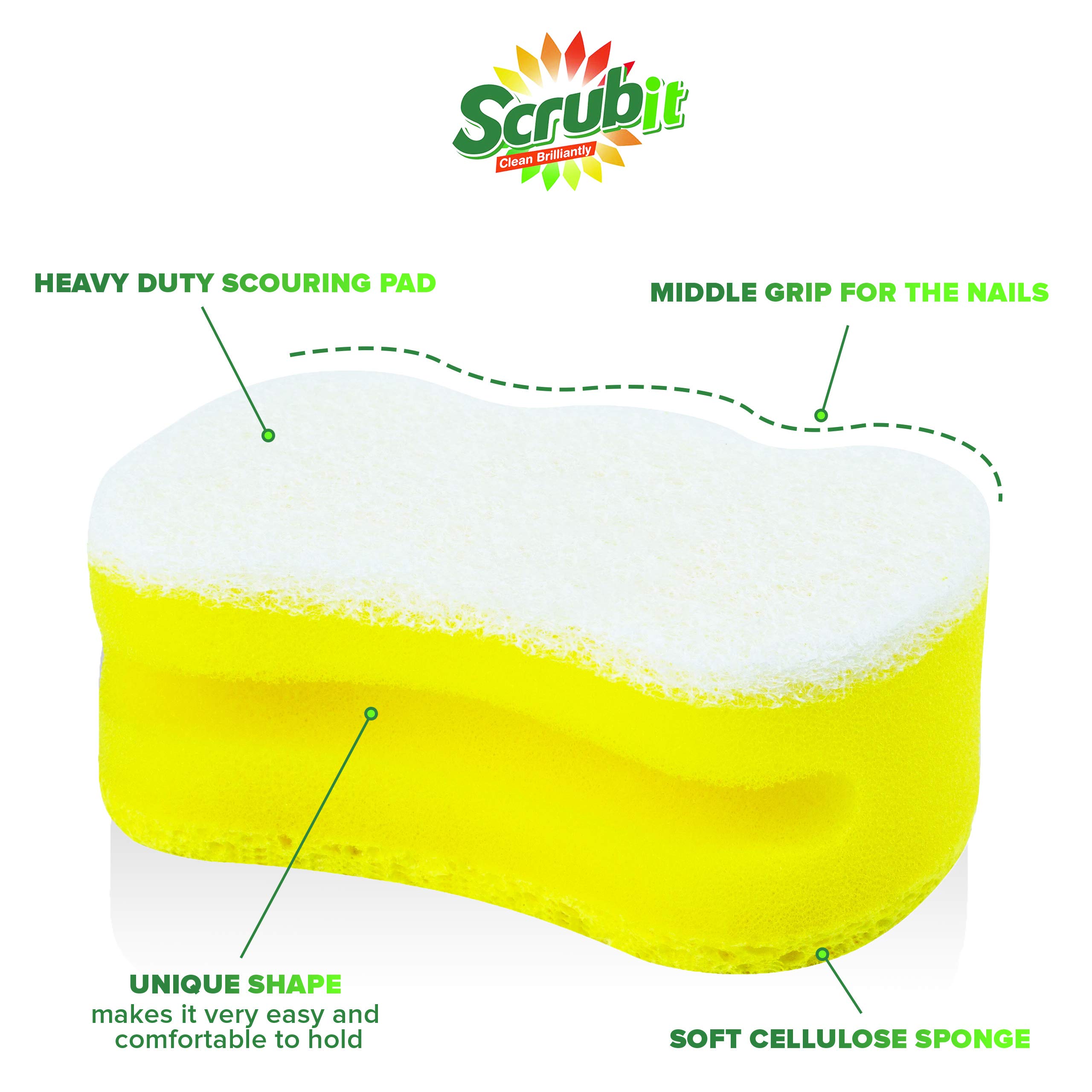 SCRUBIT Gąbka do szorowania od wielofunkcyjnych celulozy, gąbki do czyszczenia z niezarysowującą podkładką do szorowania naczyń, garnków, patelni, super chłonna - unikalny kształt do ochrony paznokci: 12 sztuk