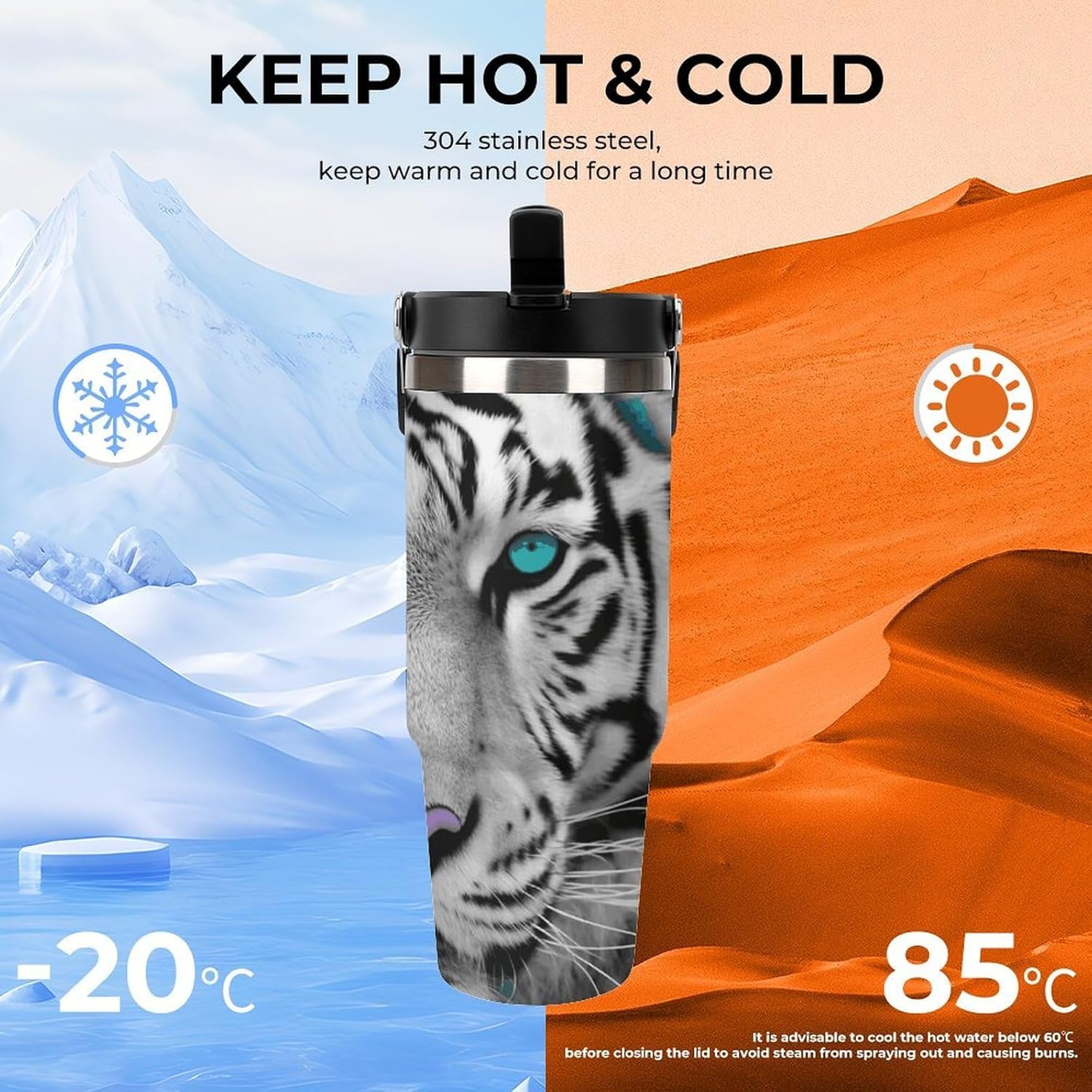Tiger with Teal Eyes Water Bottle 30 Oz Fits Car Cup Holder,Insulated Coffee Mug Large Capacity Car Cups,Stainless Steel Double Wall Sport Bottle for Travel Sports Gym