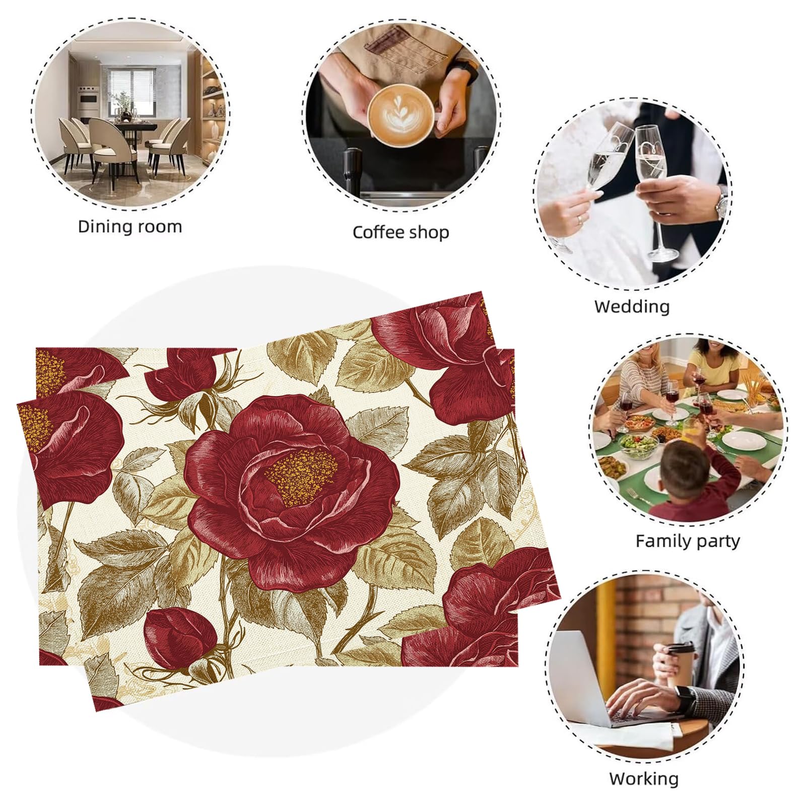 8 Pezzi Tovagliette Americana Floreale retrò - Tovaglietta Americane in Cotone e Lino Rose rosse Lavabili Sottopiatto per Sala da Pranzo Tavolo da Cucina 45 ×30 cm