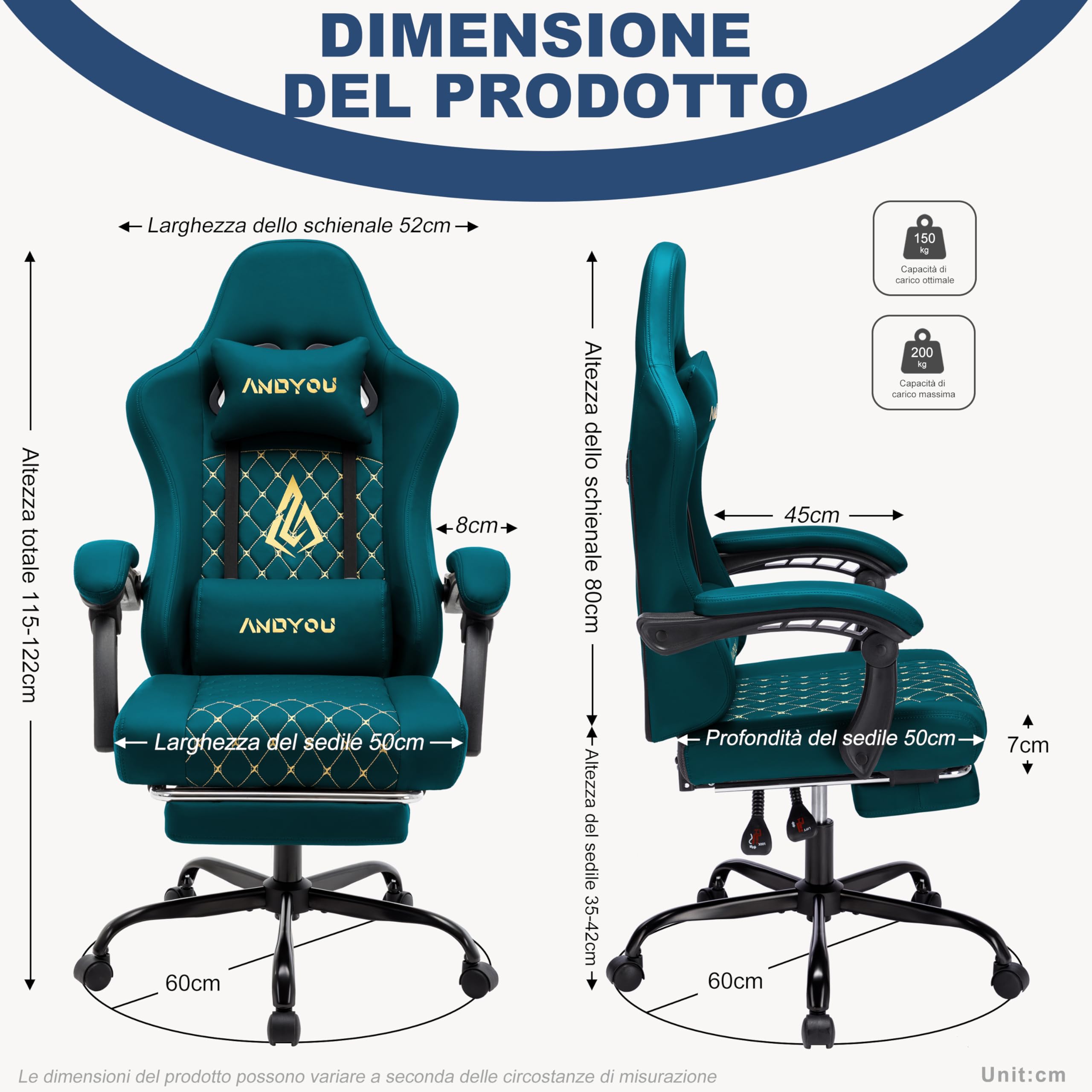 Andyou Silla Gaming Ergonómica Profesional con Soporte Lumbar - Silla Gamer para Adulto, Giratoria y Reclinable con Reposapiés Ajustable y Tela Transpirable, Soporte 150 kg para Oficina y PC