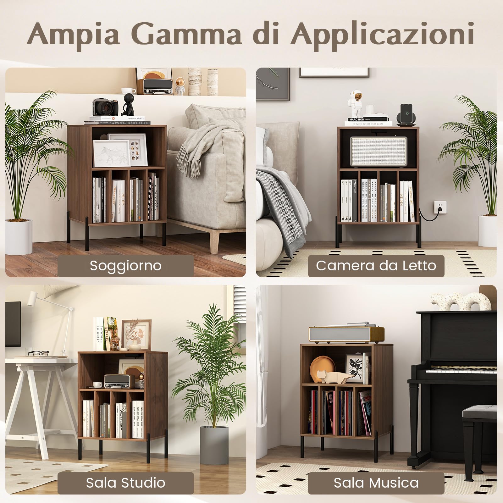 RELAX4LIFE Supporto per Giradischi con Stazione di Ricarica, Porta Vinili con 5 Scomparti e Gambe in Metallo, Scaffale per Dischi in Vinile per Soggiorno, Camera da Letto (Noce)