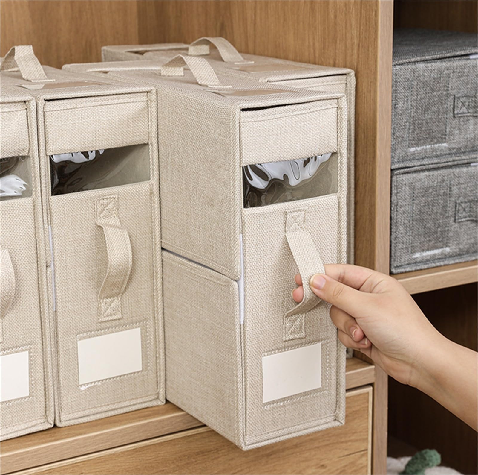 Organizador Armario Cajas Almacenaje Bolsas De Almacenamiento Organizador De Almacenamiento En Forma De Cubo For Ropa, Edredones Y Mantas Con Caja Semirrígida Bolsas Para Guardar Ropa(Beige-Three pack
