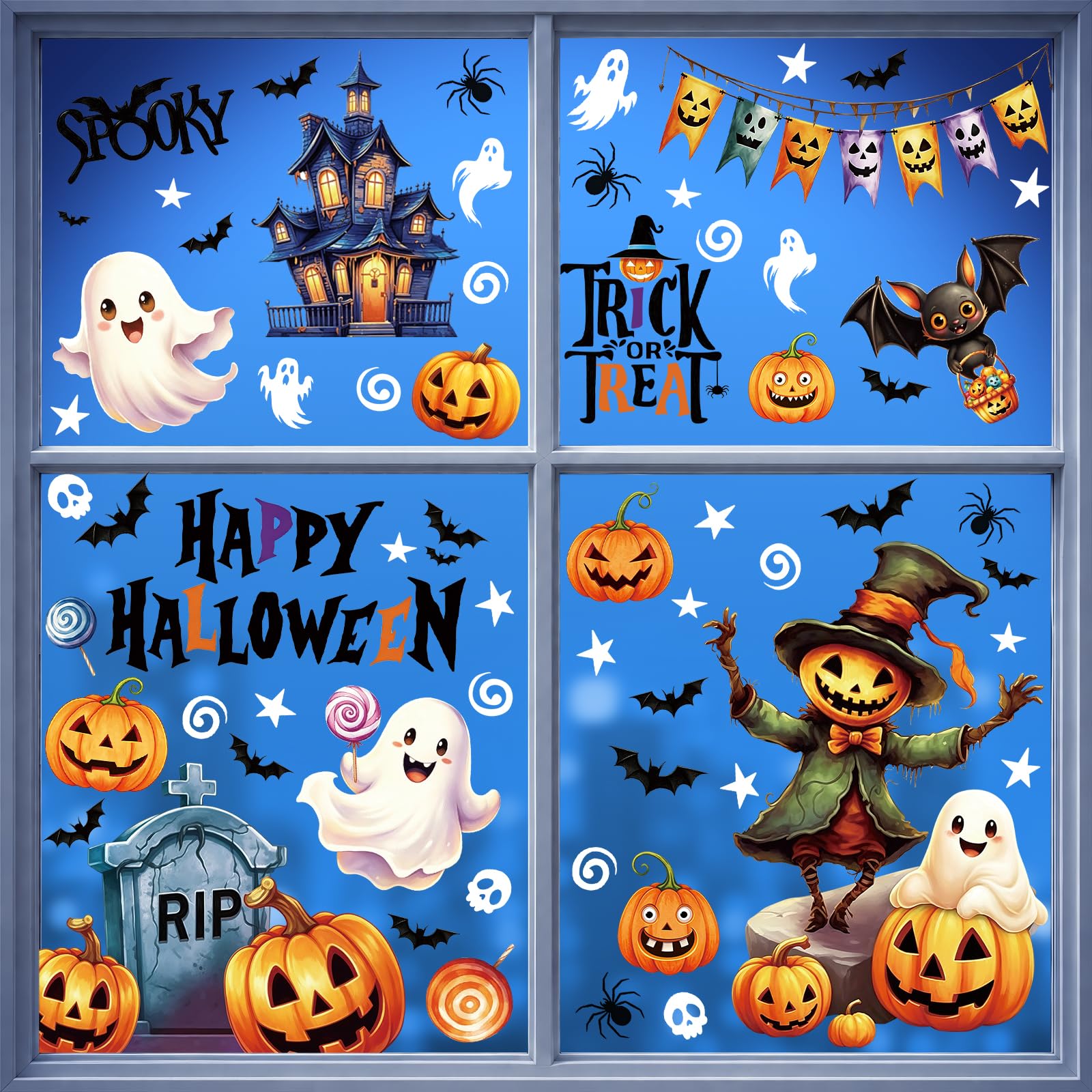 AhfuLife 80Pcs Halloween Window Stickers, 9 Sheets Reusable Halloween Window Clings Cute Stickers for Kids Home Window Indoor Party Decorations — image 1