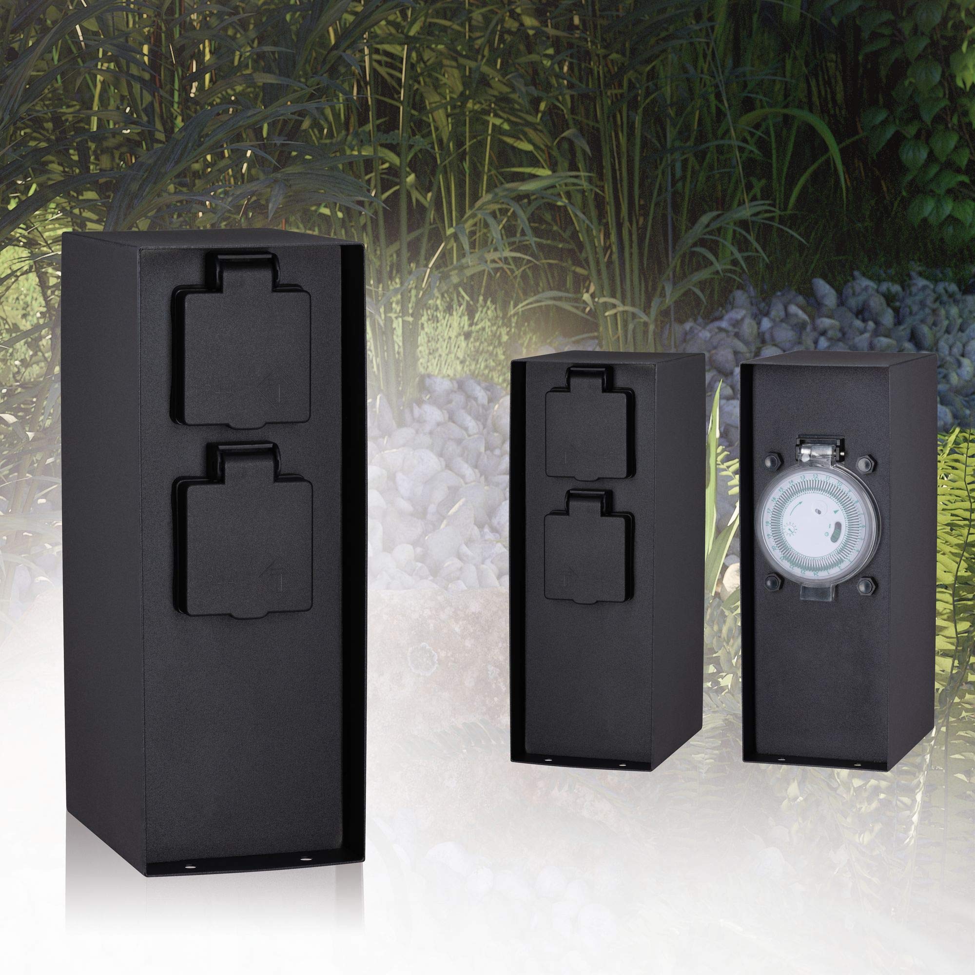 Paulmann 94314 Columna de enchufes exterior RIO, 2 enchufes, máx. 3650 W, temporizador, iluminación exterior, antracita, iluminación para jardín, acero inoxidable, control