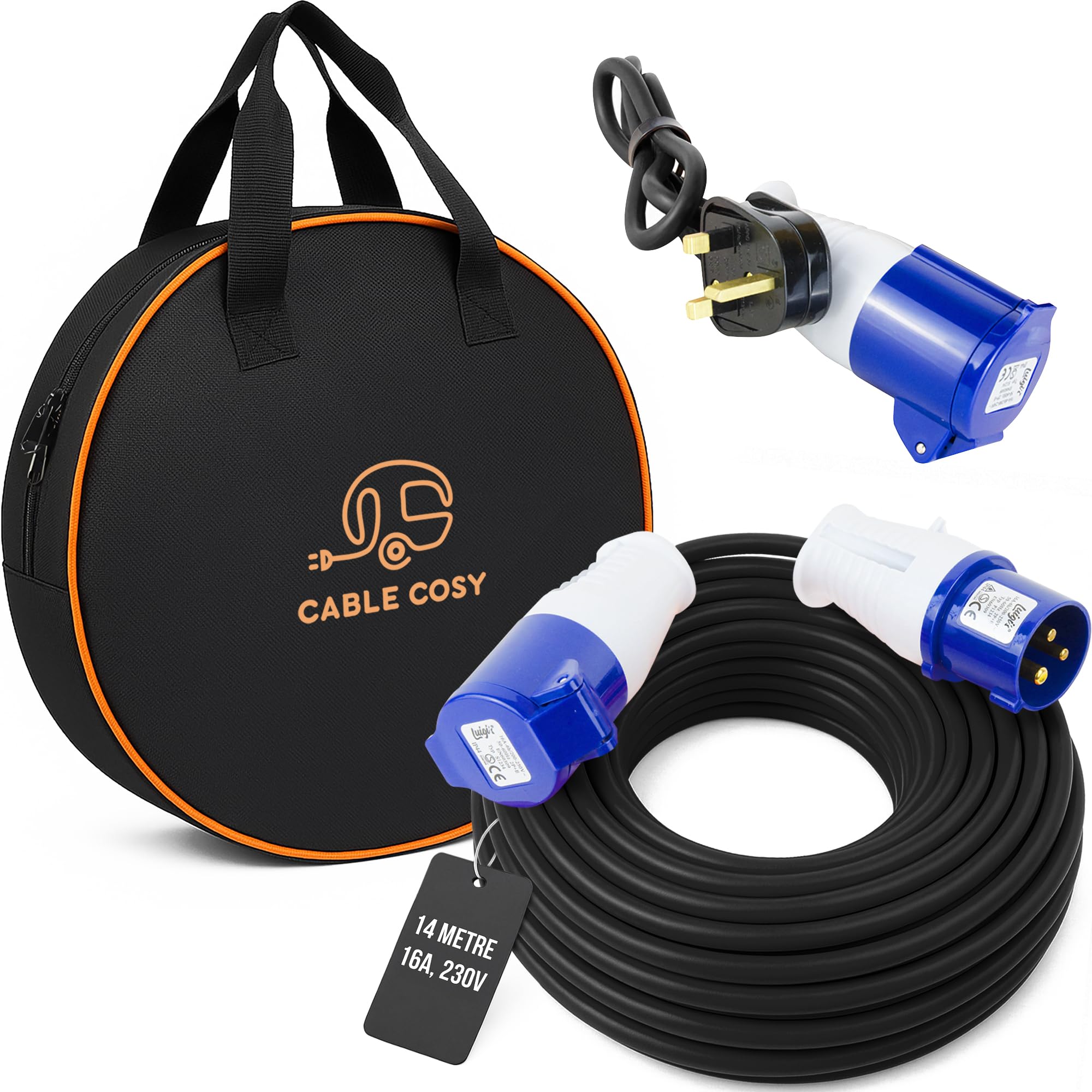 Luigi's 14 Metre Mains Extension Cable with Fly Lead Converter & Waterproof Carry Case - Long Electrical Hook Up Adapter for Caravans, Campervans & Motorhomes - 16A, 230V, 3 Pin, 1.5mm