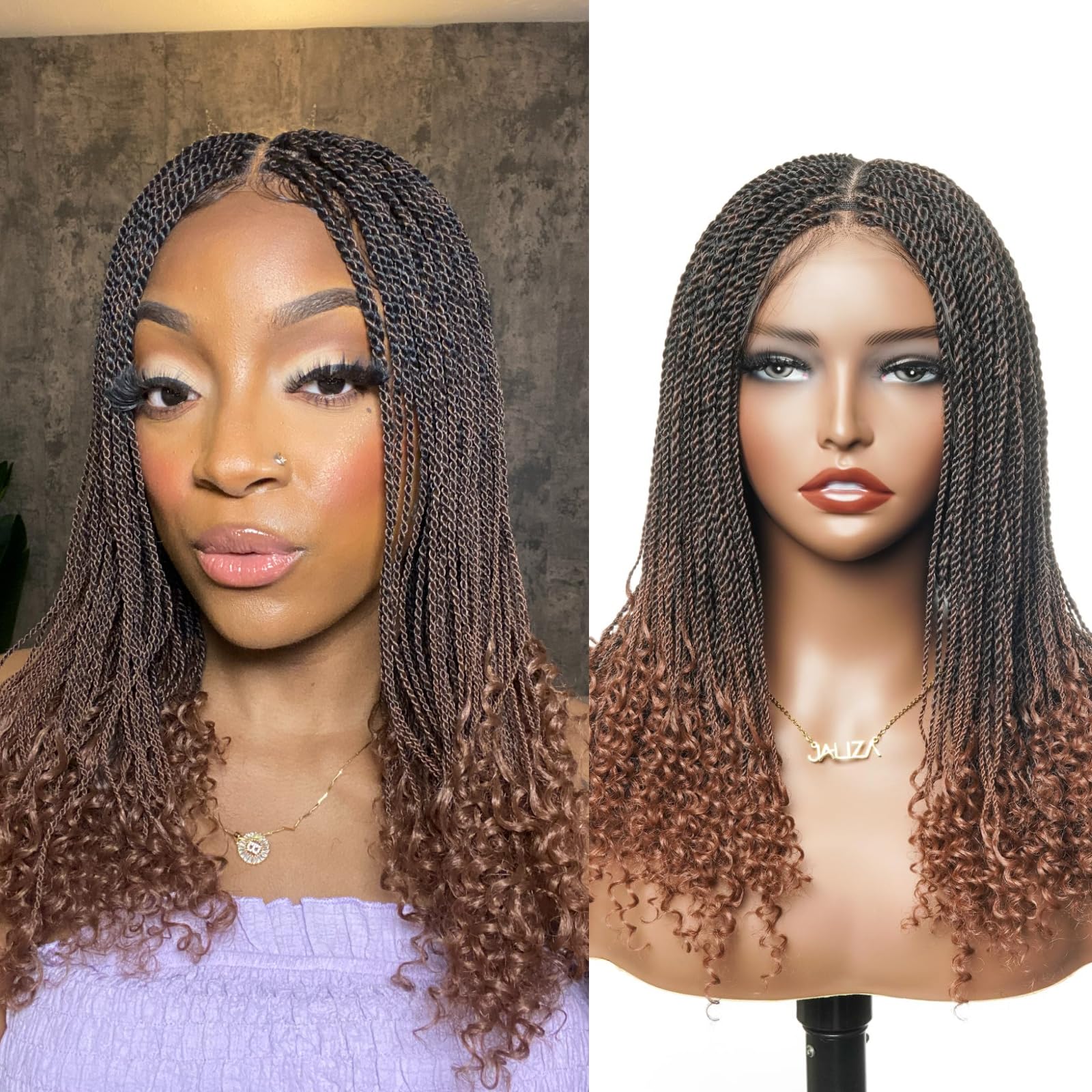 JALIZA Senegalese Mini Twist Braided Wig with Curly Ends for Black Women - Soft Lace Full Hand-tied 289 Strands - 14 inches - 1B/30 Ombre Brown