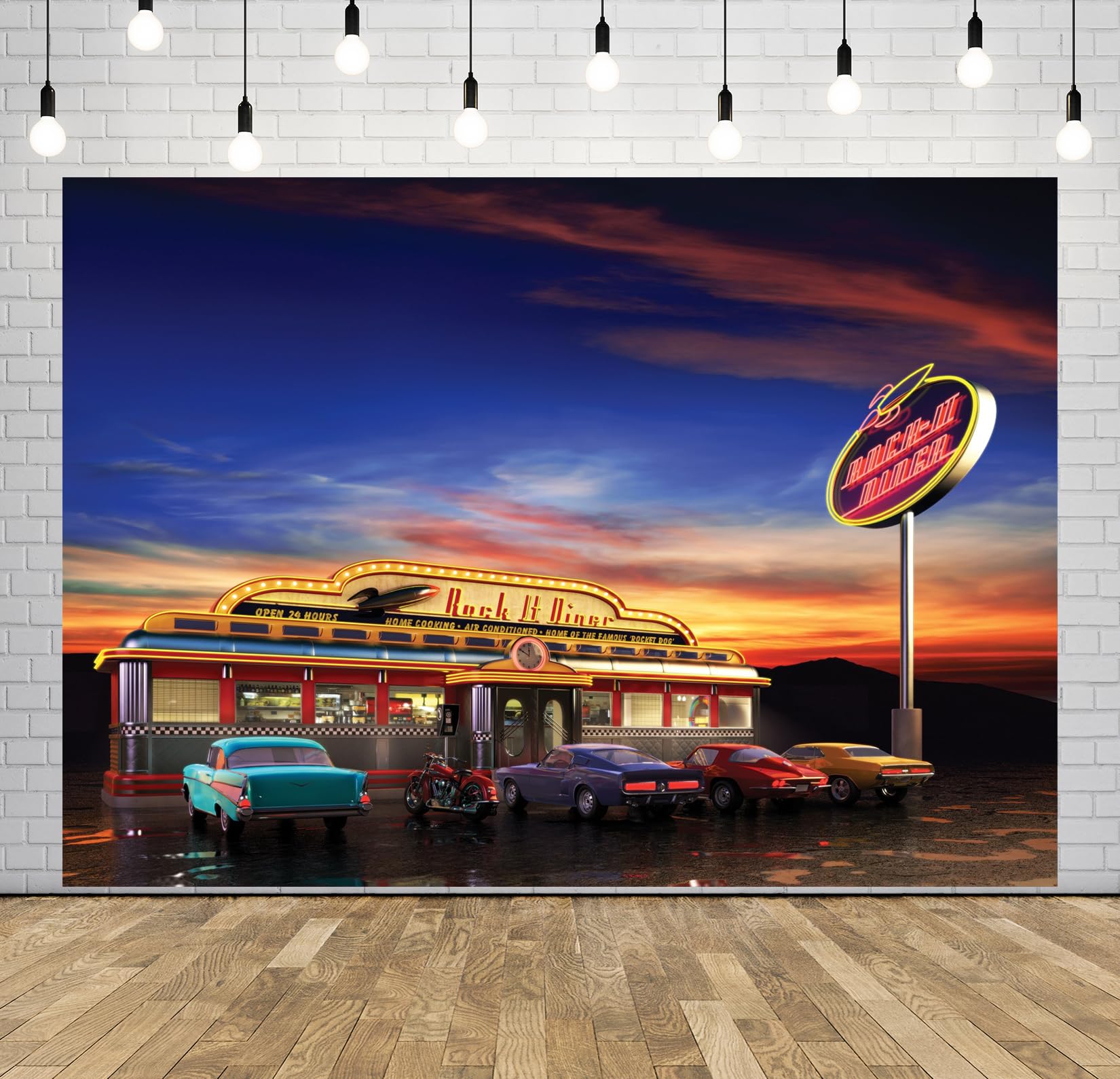 BELECO 7x5ft Fabric Retro American Diner Backdrop Rock it Diner Vintage 50s Diner Classic Cars Motorcycle Motel Background 1950s Diner Theme Party