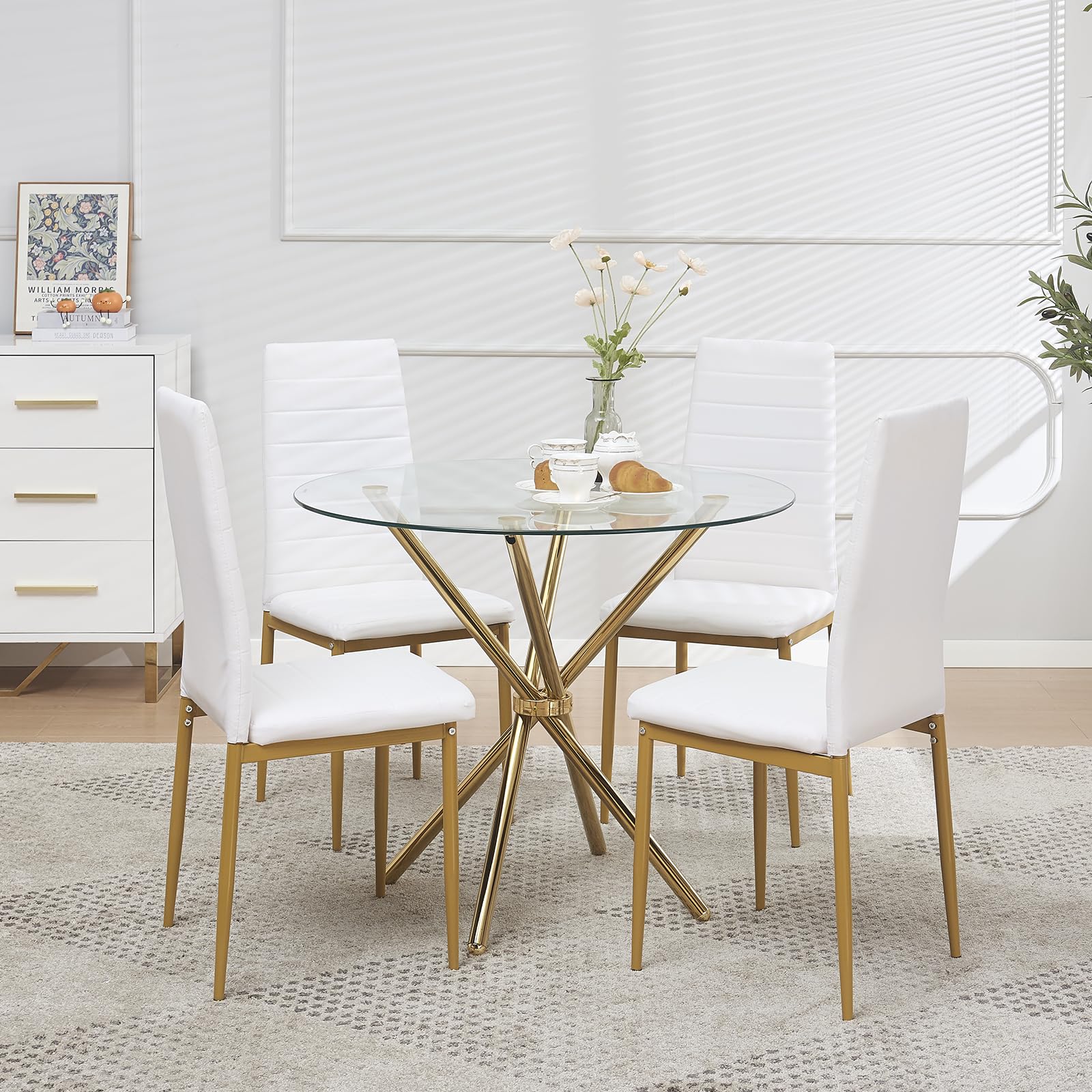 paonne Round Glass Dining Set 5 Pieces Dining Table Chair for Home Kitchen Round Tripod Golden Legs Table with 4 PU Chairs, Contemporary Dining Room