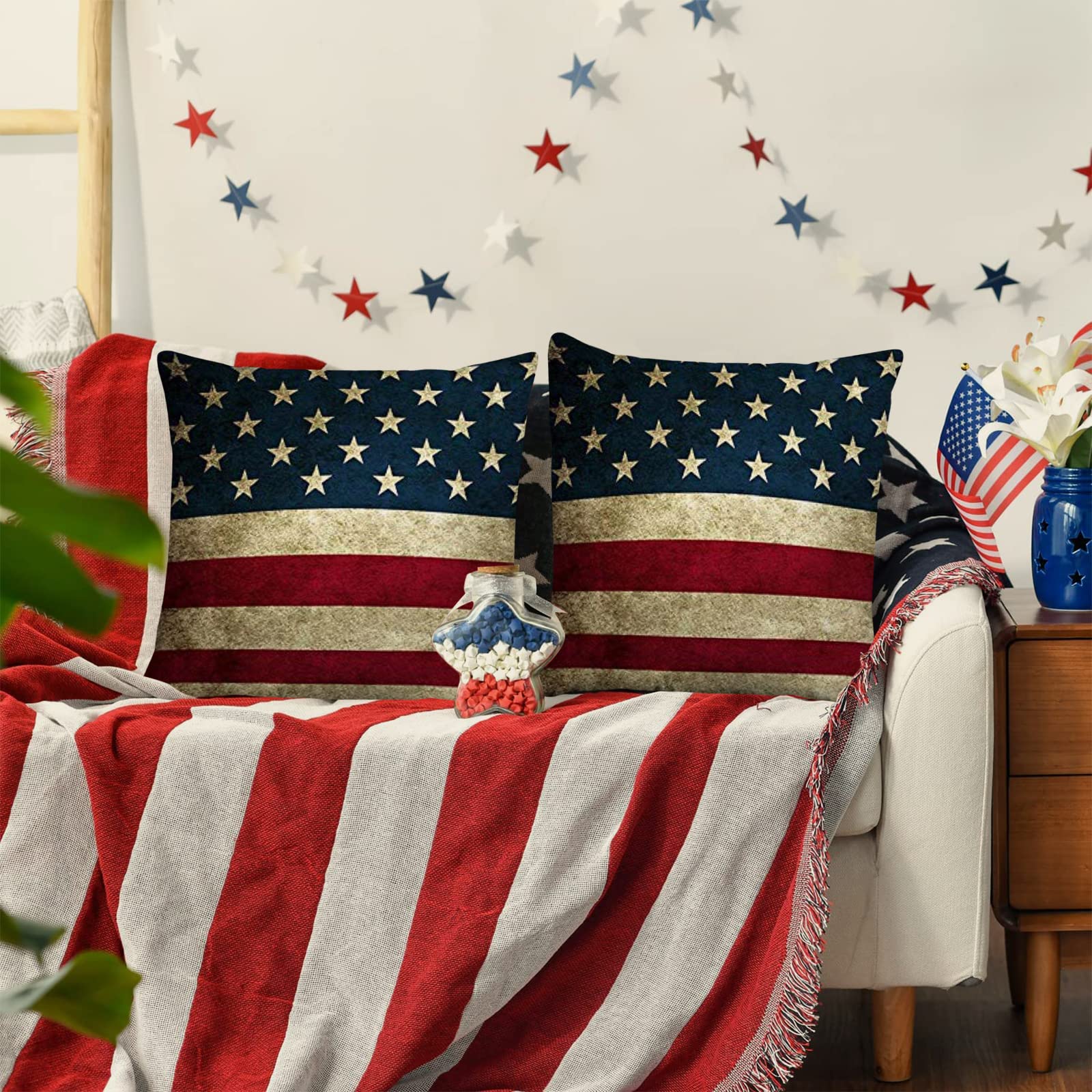 Hopyeer Lot De 4 Housses De Coussin Décoratives En Coton Et Lin Avec Motif Drapeau Américain Patriotique - 45,7 X 45,7 Cm (drapeau Fleur