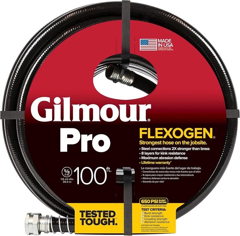Fiskars Garden Watering 60058100Gt Flexogen Pro Hose, 5/8 By 100' | Crush-Proof Steel Couplings, Kink Resistant 8-Layer Design, 650 PSI, Made in USA