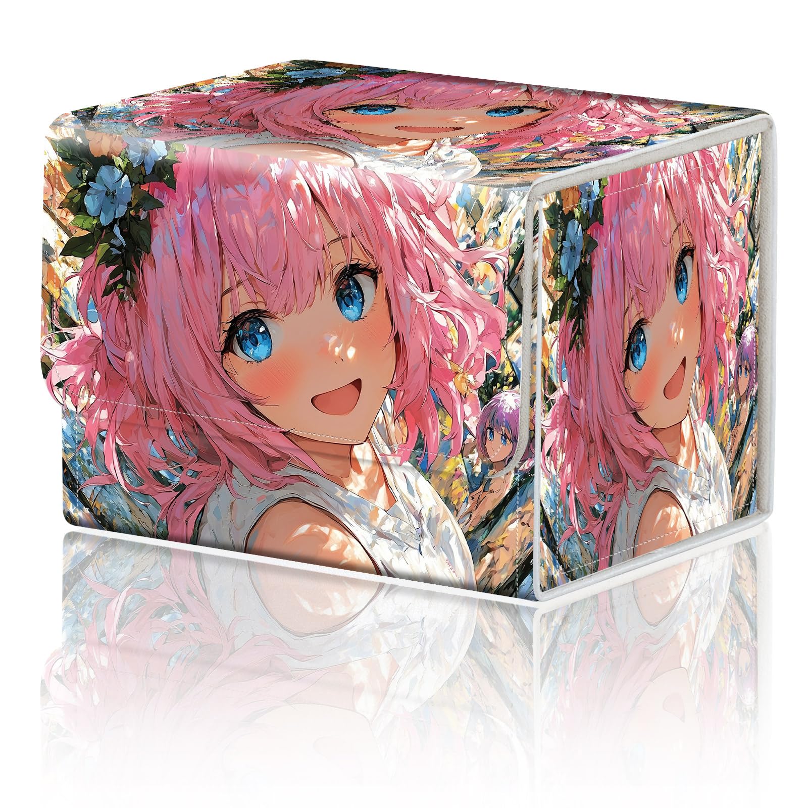 Card Game Storage Box for TCG Deck Box MTG Card Box Organizer Trading Card Case Commander Deck Box TCG Card Storage Box Magnetic Closure Creative Pattern Up to 200 Cards, Pink Hair Girl — image 1