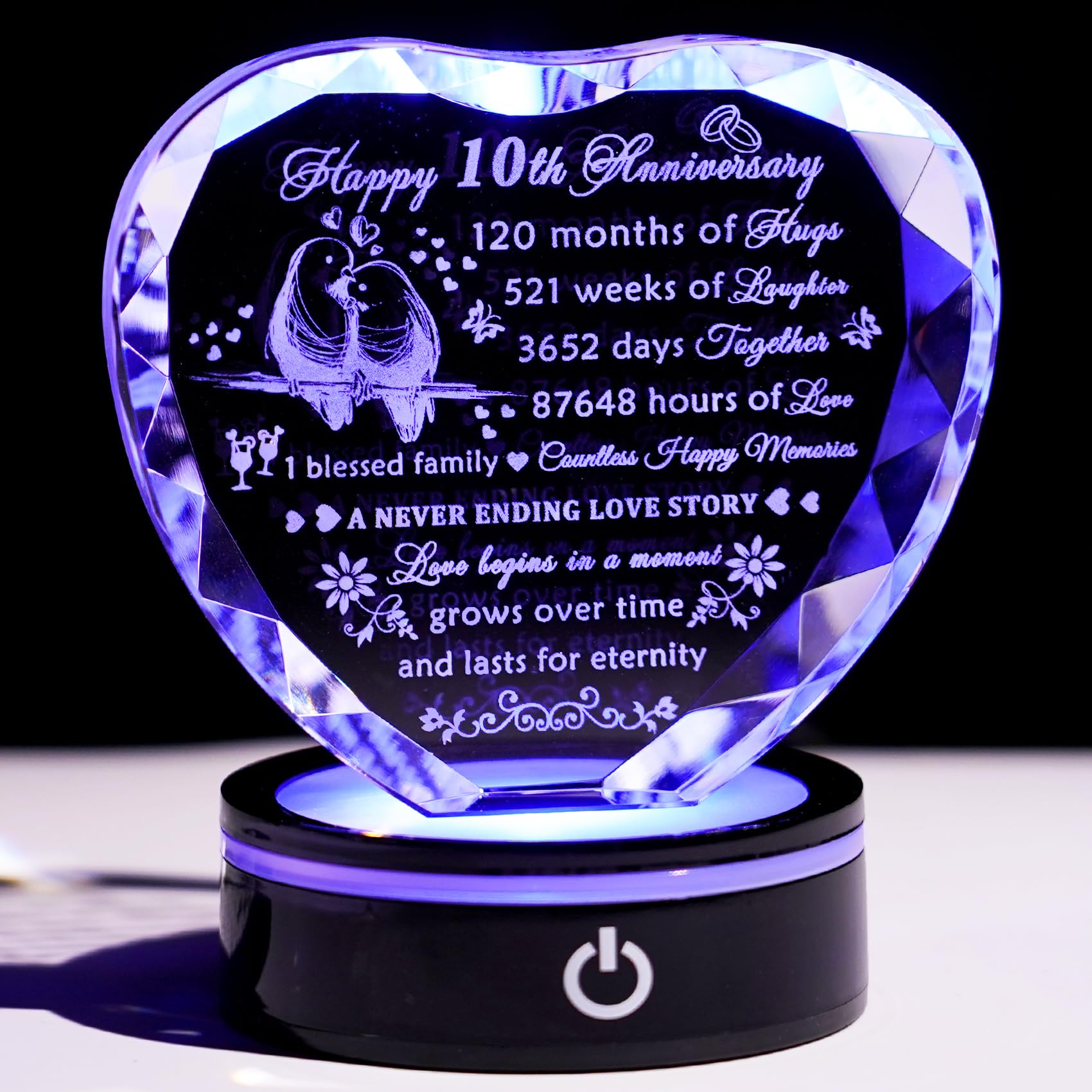 YWHL 10th Wedding Anniversary Crystal Heart Gifts for Couples with LED Base, Laser Engraved Happy 10th Anniversary Keepsake Gifts for Wife Husband, Romantic 10 Years of Marriage Gift for Her Him