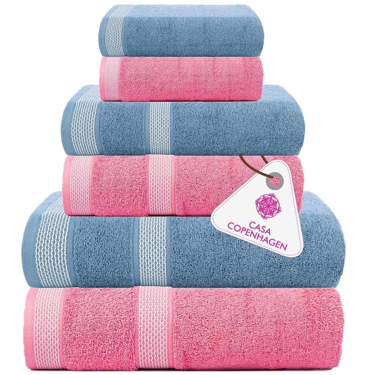Casa Copenhagen Juego de 6 Toallas de baño 600 gsm, Azul y Rosa empolvado | Solitaire Mix 100% algodón egipcio puro para baño, cocina y ducha 2toallas baño, 2de mano, 2paños (set regalo mujer y hombre)