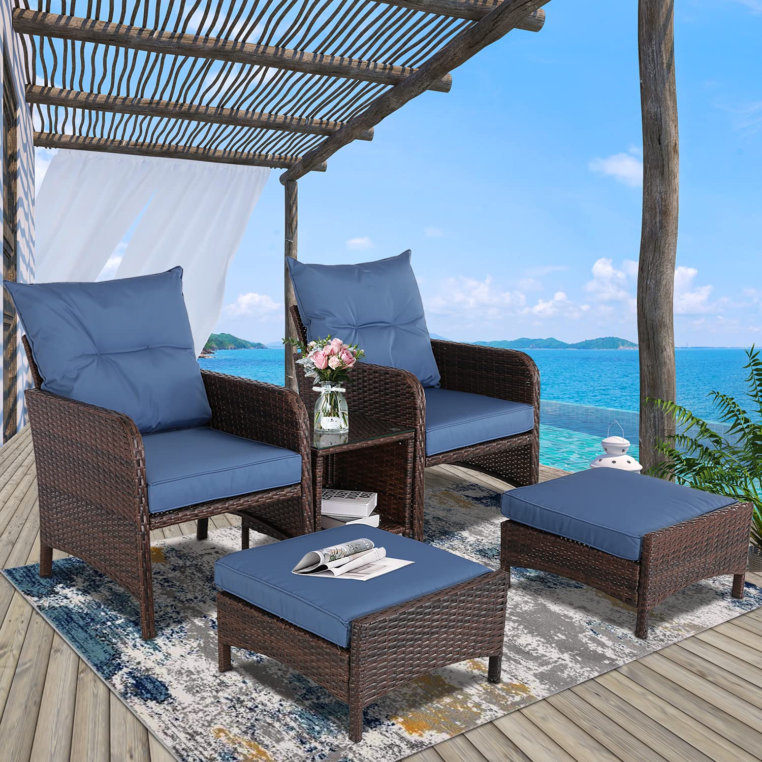 5 Pieces Wicker Patio Furniture Sets Patio Chairs with Ottoman Outdoor Patio Furniture with Storage Table Patio Set for Porch,Balcony,Lawn (Dark Blue, Set of 5)