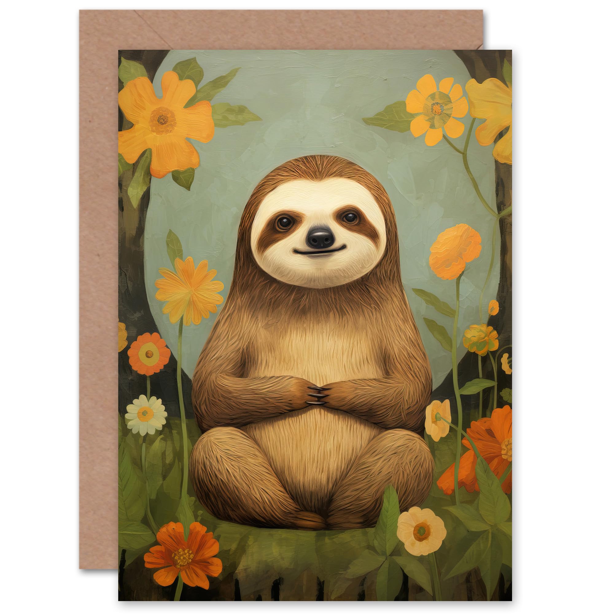 Artery8 Smiling Sloth Meditating for Wife Her Mum Sister Daughter Mom Gran Nan Birthday Thank You Kids Child Blank Art Greeting Card