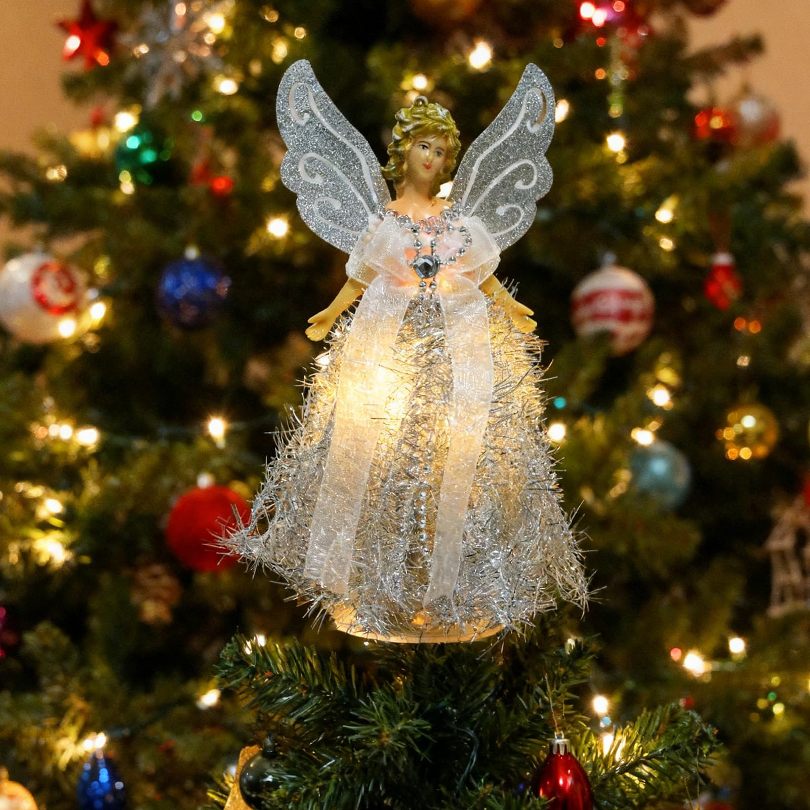 Christmas Angel Tree Topper, Angel Tree Top Figurine Xmas Tree Fairy Topper Light Up Treetop Pendant With Wings for Christmas Tree Home Party Decor