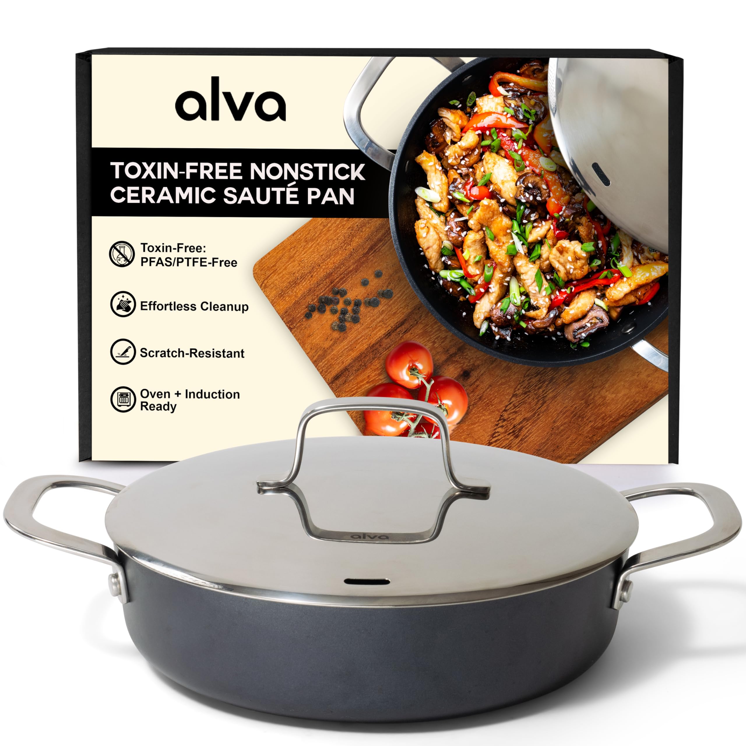 Alva Maestro Nonstick Ceramic Saute Pan with Lid 3.5Qt. - Oven Safe and Made without PFAS, PFOA & PTFE - Induction and All Stovetop Compatible with Even Heat Distribution