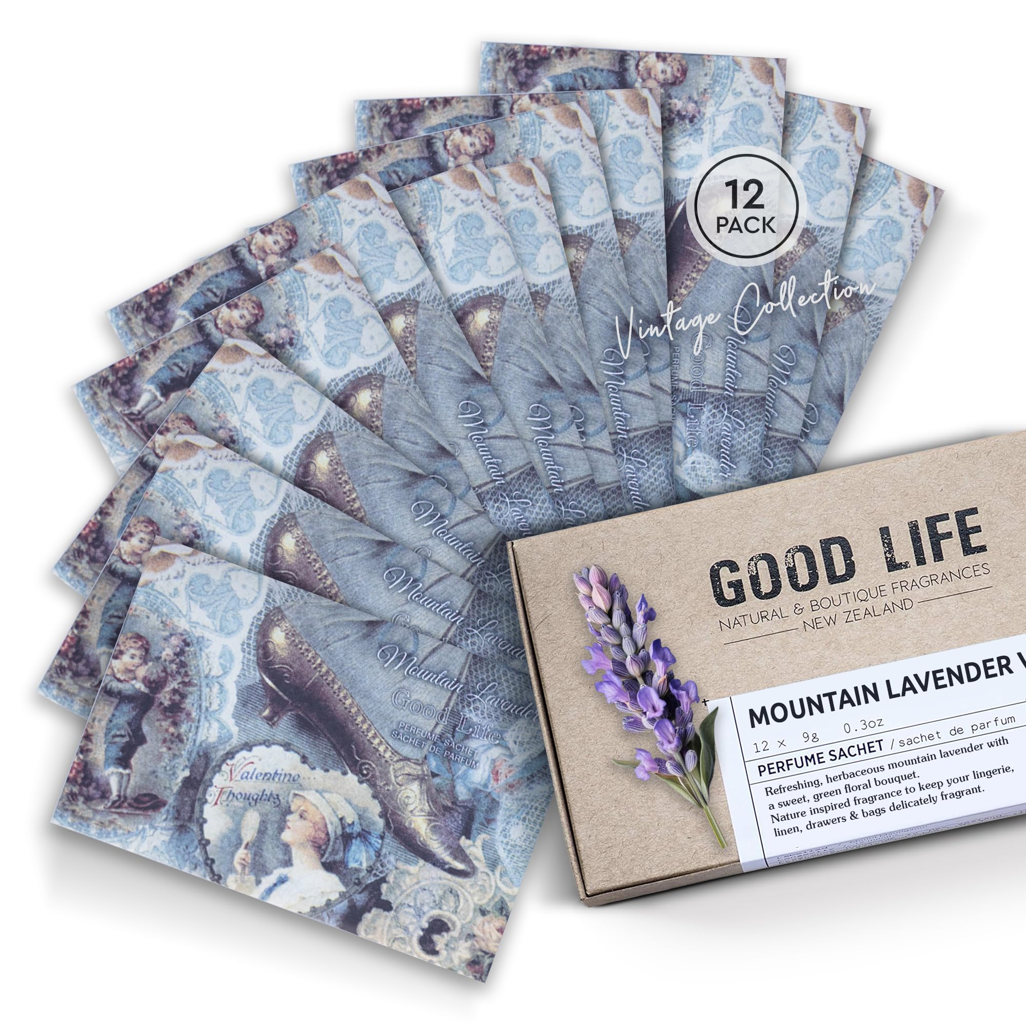 Good Life Lavender Mountain Scented Sachets Vintage | Designed In New Zealand | 12 Sachets