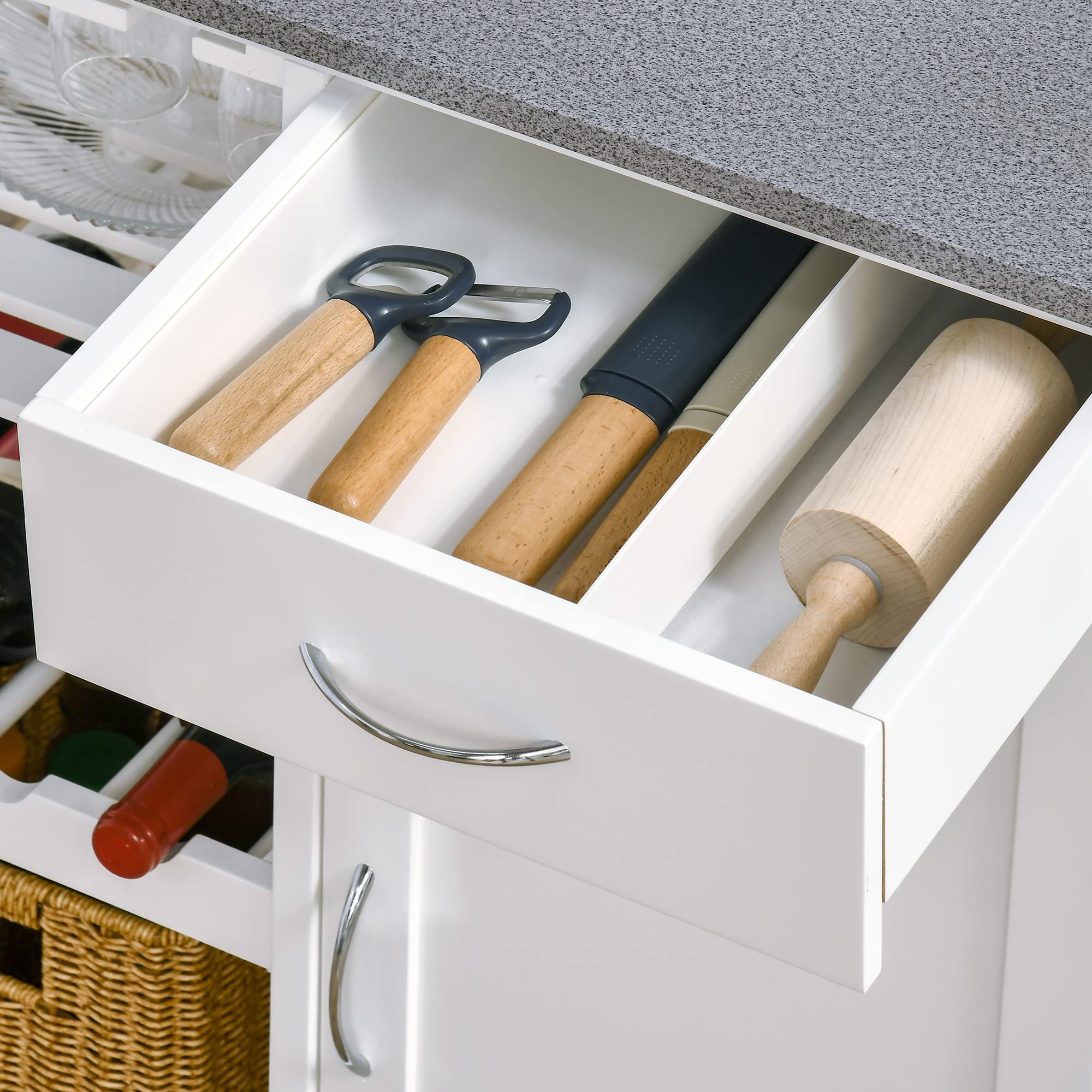 HOMCOM Carro de Cocina con Ruedas 1 Cajón Armario 40 kg 76x48x88 cm Blanco | Carrito de Servicio, Estantes Extraíbles, Botellero para 4 Botellas, para Comedor Salón
