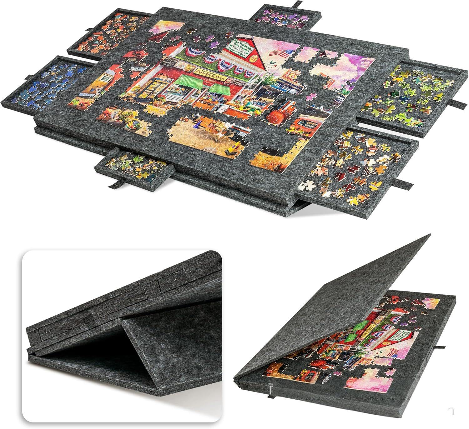 HechoVinen Jigsaw Puzzle Board with 2-in-1 Designed Stand & Cover, Lightweight Foldable Tilting Puzzle Board, Adjustable Felt Mat Boards with 6 Drawers for 1000 Pieces, Drak Grey