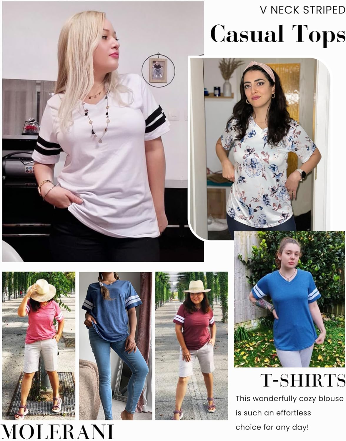 Molerani T-Shirts for Women, Short-Sleeve V-Neck Striped Summer Tops, Casual Loose Tee, Black, Size S-2XL - Image 5