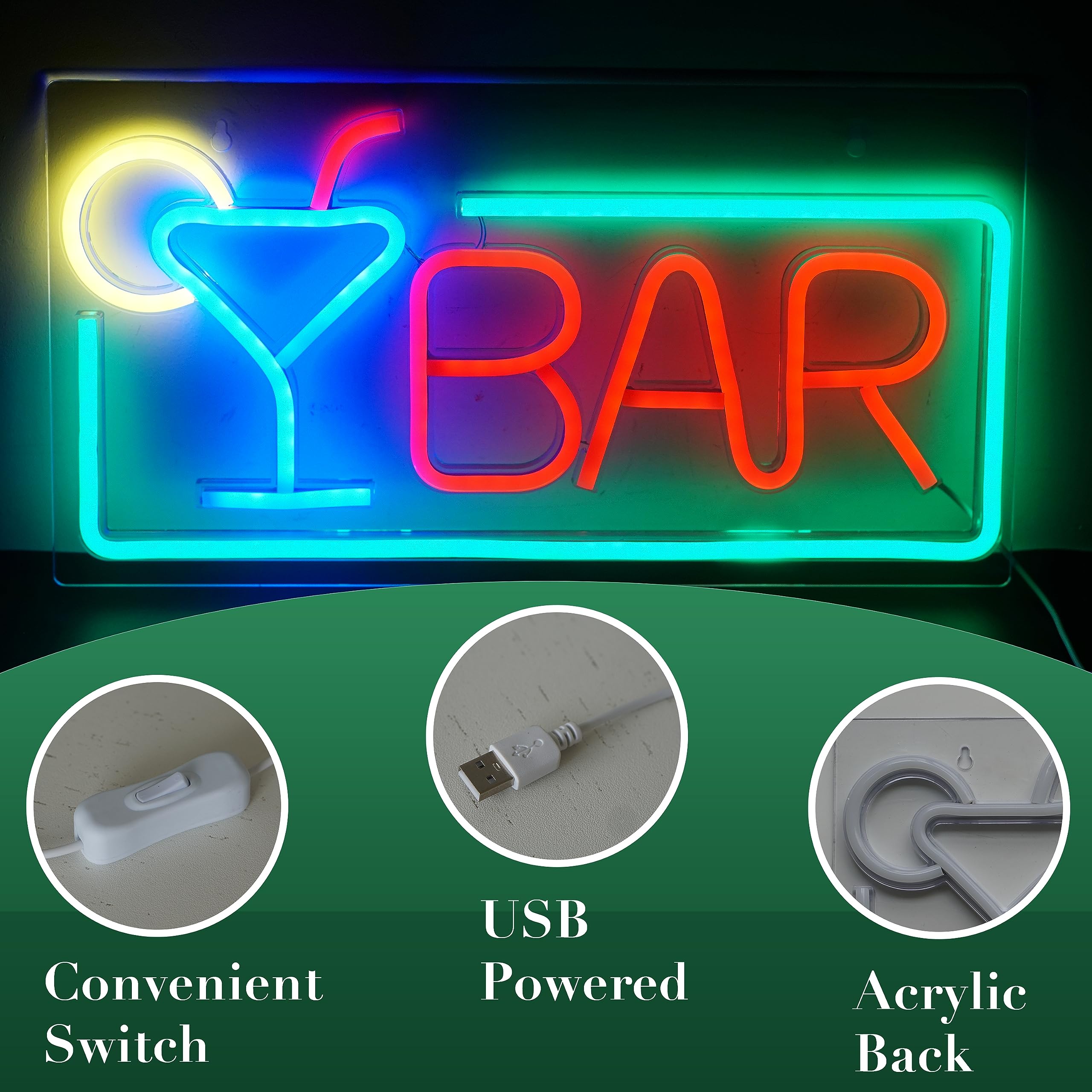 StarryMine Neon Bar Cocktail Signs, Red, 16.5 x 8.7 inches, USB Powered, Wall Mount