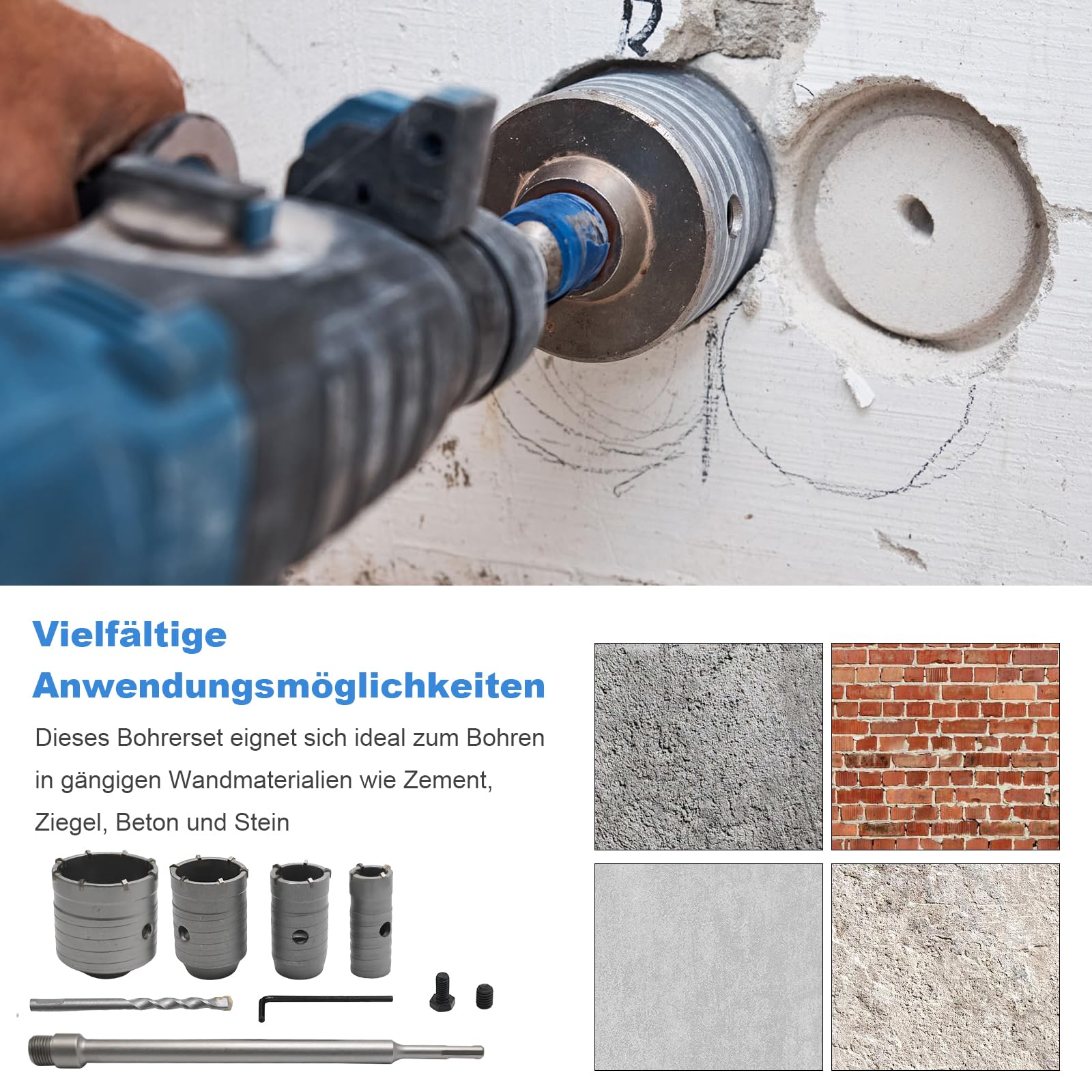 Trocken Bohrkronen Set für Beton, 6 Stück Ø 30mm 40mm 50mm 68mm mit 320mm Rundschaft & SDS Plus Adapter, Hohlbohrkronen für Mauerwerk, Ziegel, Zement, Stein