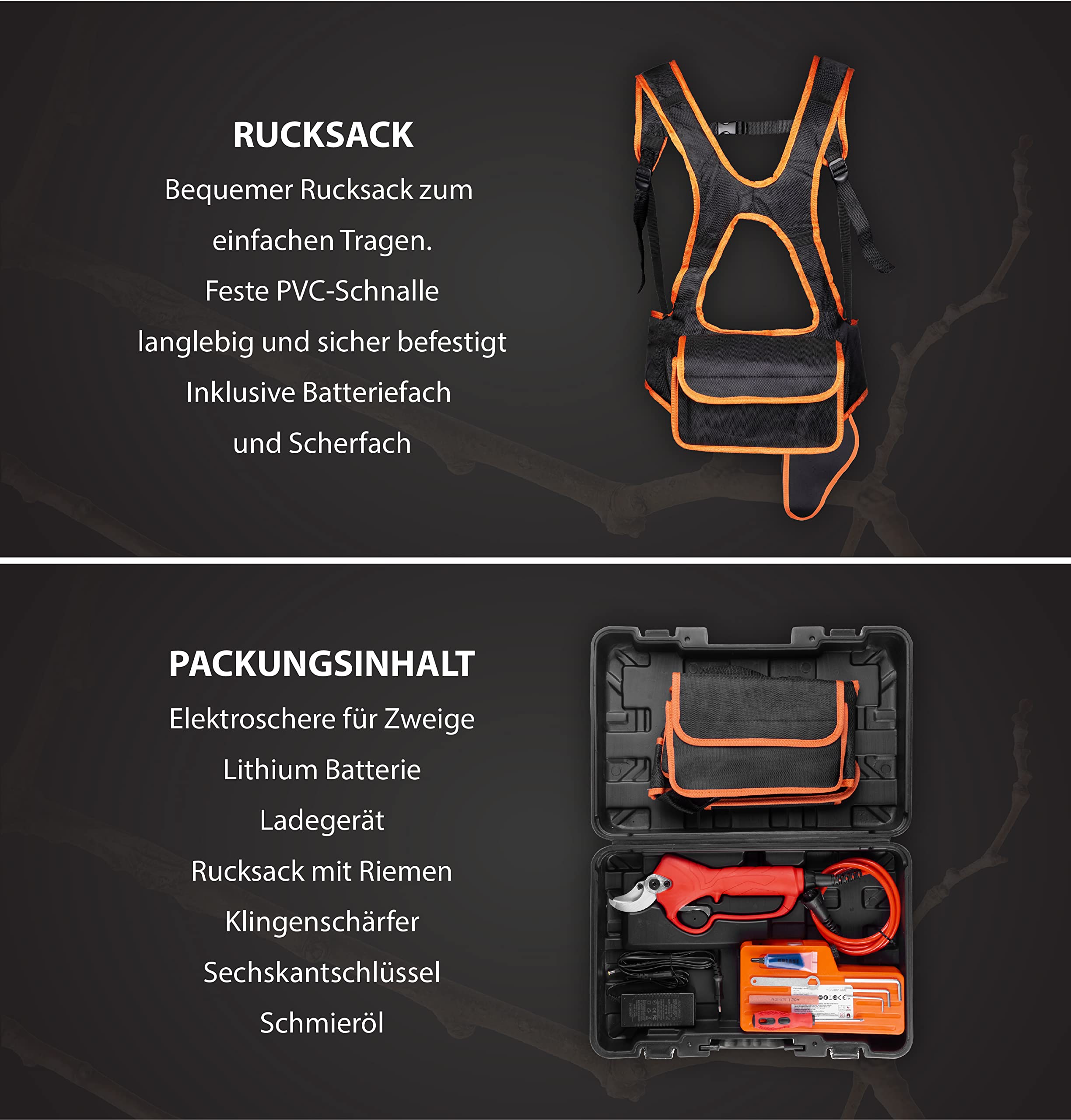 STREND PRO Elektrische gartenschere max 40mm Schnitte | Professional | 10 Stunden Batterie-Leben | Akku Gartenschere mit Koffer | 36V Li-Ion Batterie | Akku Astschere für Weinbergen/Gärten