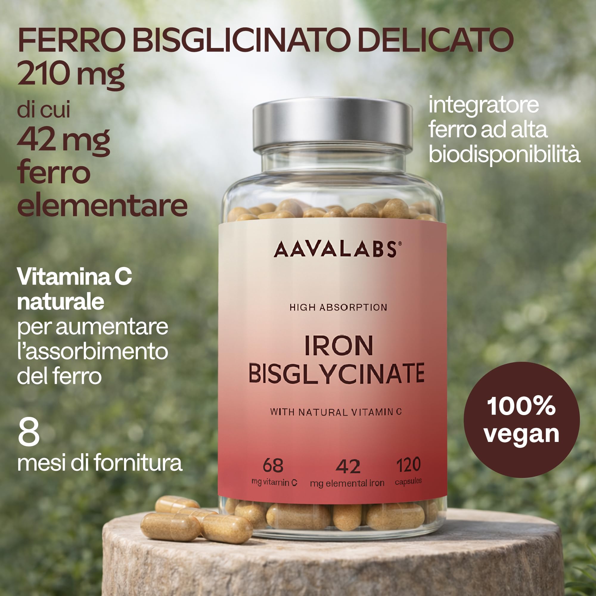 Integratore Ferro e Vitamina C Naturale - Ferro Bisglicinato 42mg Integratori Stanchezza Fisica e Mentale, Globuli Rossi, Sistema Immunitario - Ferro Integratore Forte Alto Assorbimento - 120 Capsule