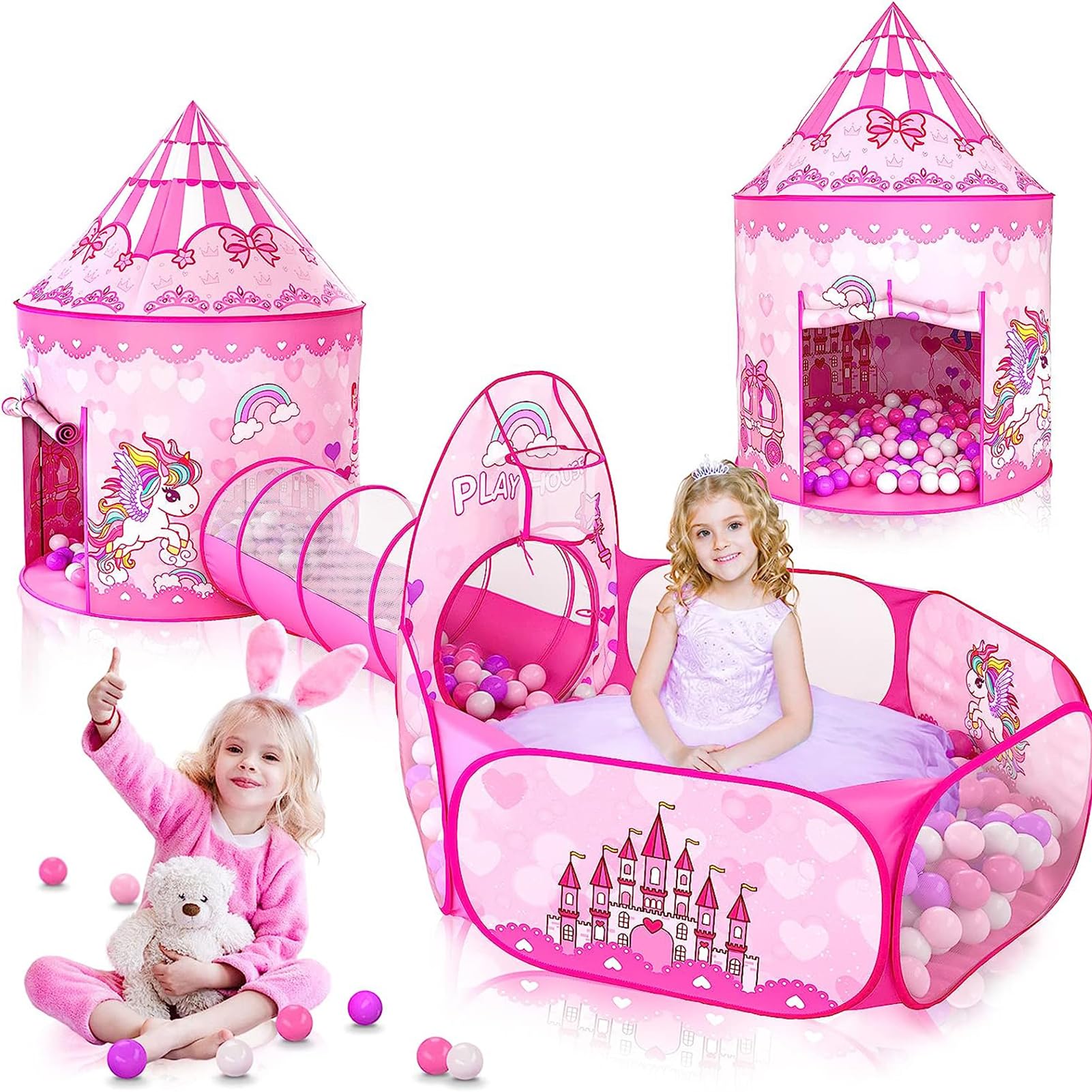 3 in 1 Princess Play Tent with Tunnel and Ball Pit for Kids, Boys, Girls, Babies and Toddlers,Pink Pop Up Playhouse Toys Indoor& Outdoor for Birthday Gifts