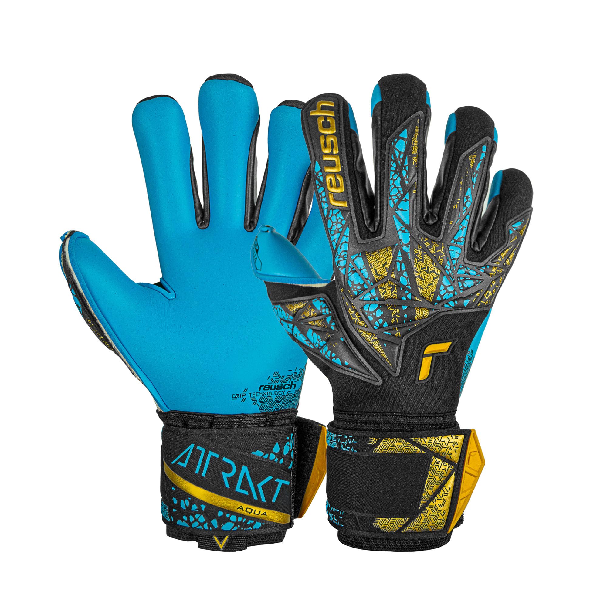 Reusch Attrakt Aqua Finger Support Goalkeeper Gloves, Black/Gold/Aqua, Size 8