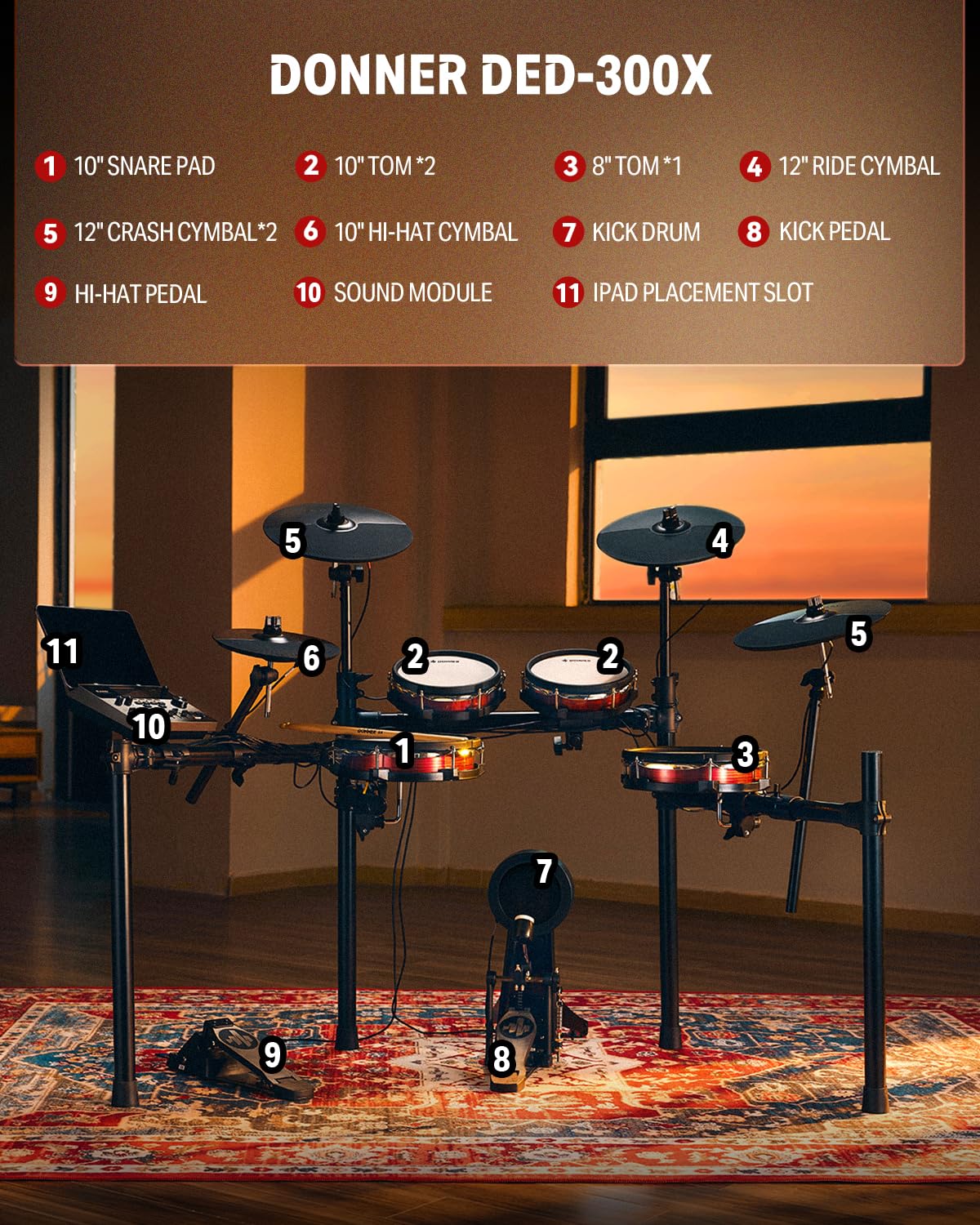 Donner DED-300X - Juego de batería electrónica, kit de batería eléctrica con almohadilla de tambor de malla silenciosa de 10 pulgadas, platillos de choque de 12 pulgadas, 100 juegos, más de 900