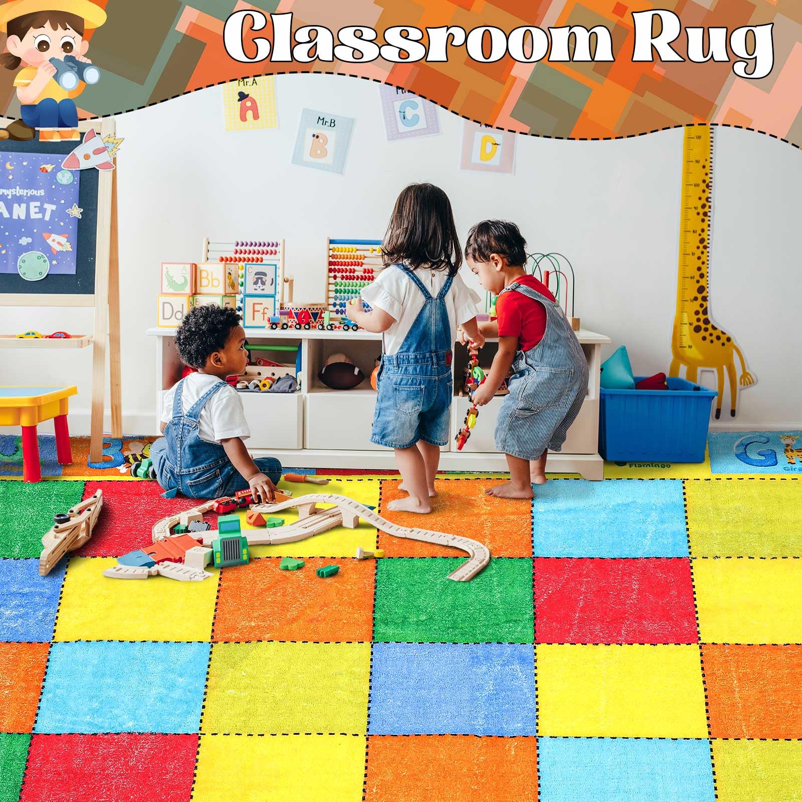 Coume Klassenzimmerteppich, 4 x 2 m, ABC-Alphabet und Tierwörter, Lernteppich, große Lernmatte mit rutschfester Unterseite, für Kinder, Kleinkinder, Vorschule, Kindergarten
